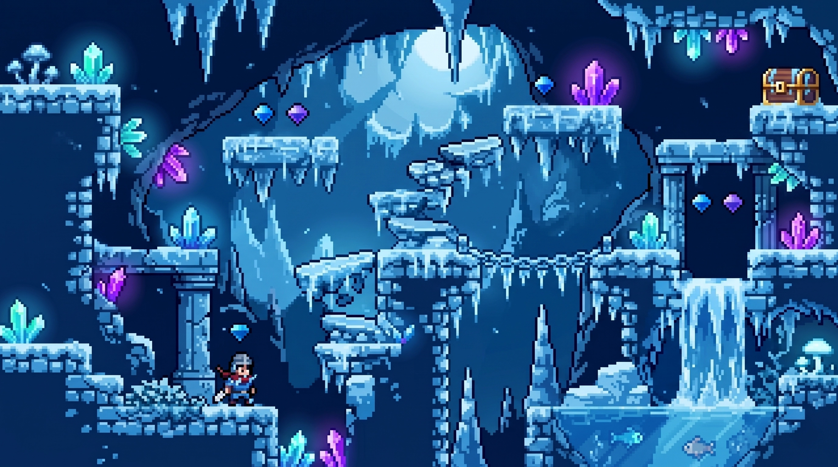Pixel art ice cave dungeon level — knight exploring frozen cavern with crystals and treasure chest, retro 2D platformer game art