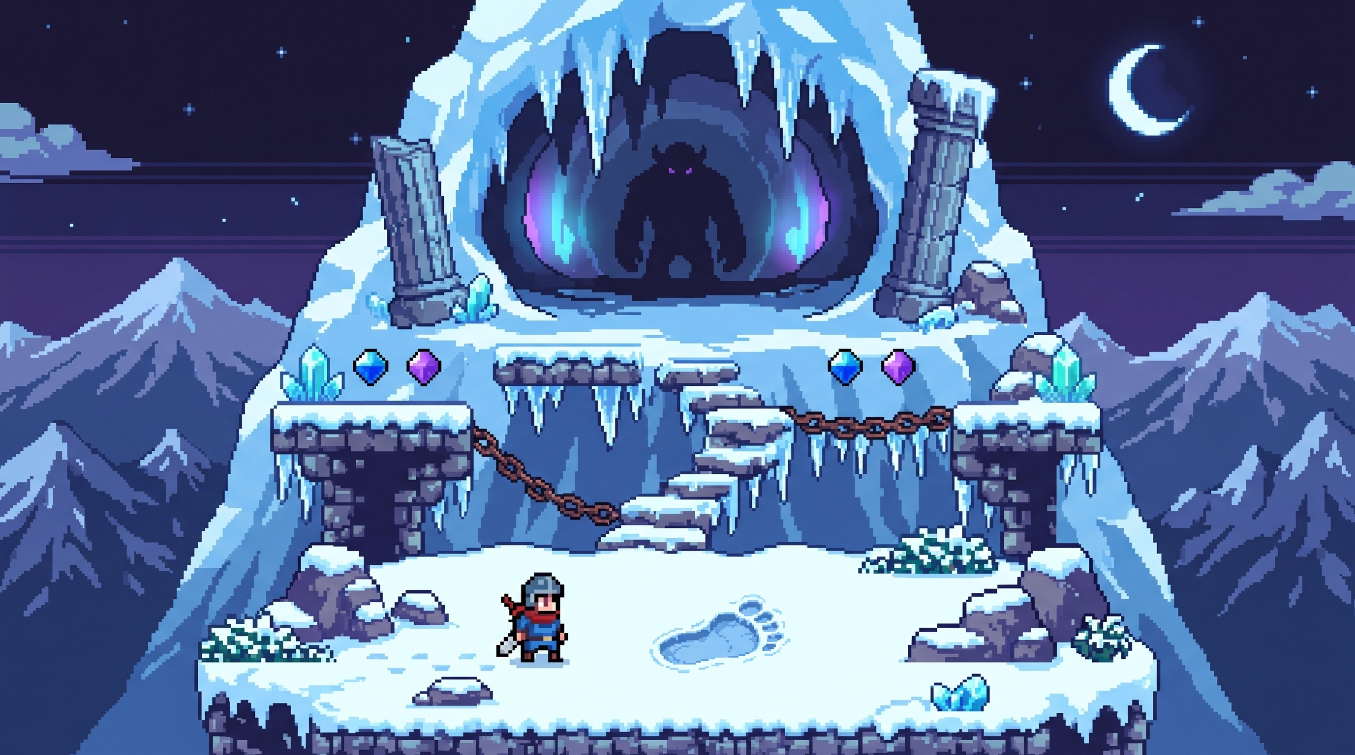 Pixel art boss fight scene — knight vs shadow monster on snowy mountain, retro 2D platformer game environment art
