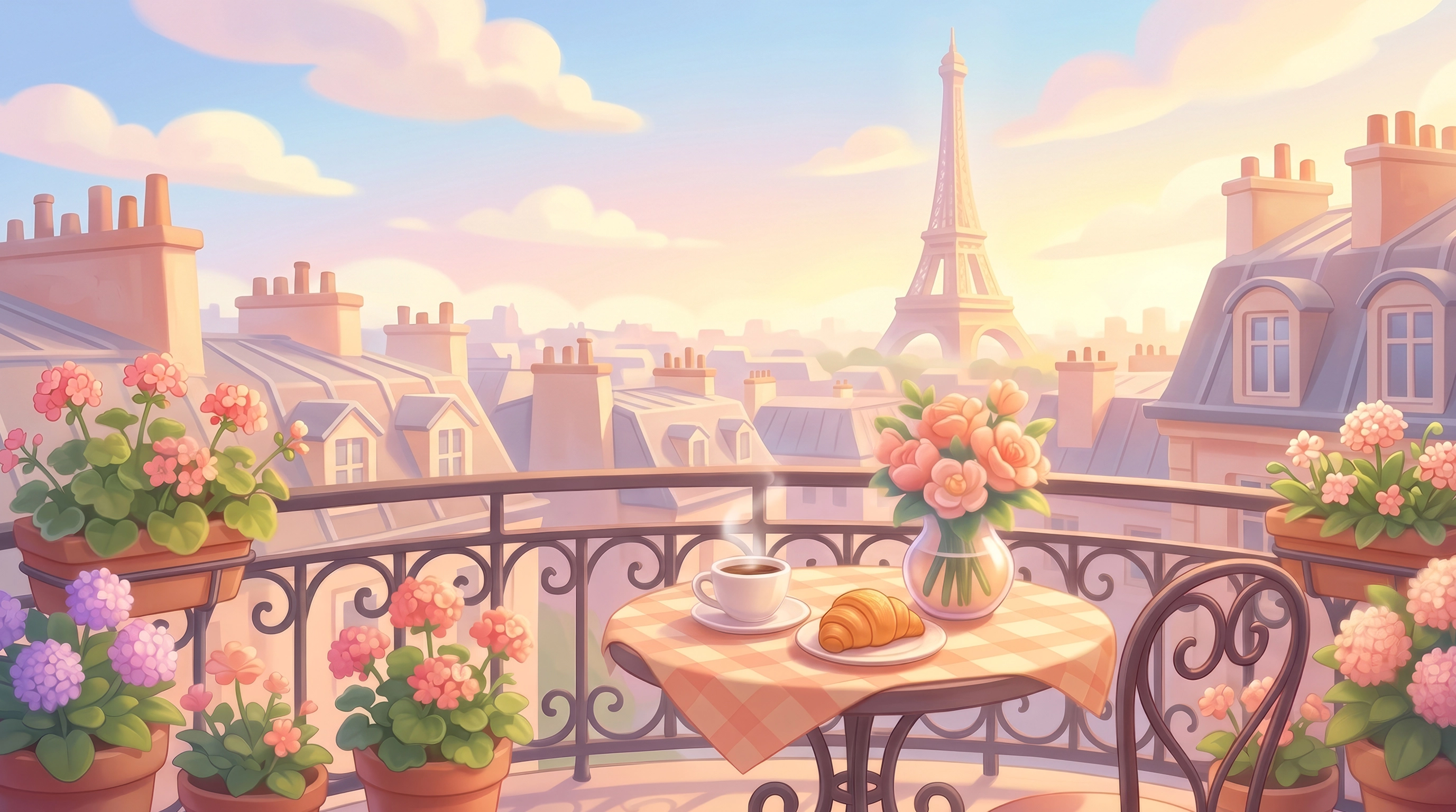 Paris rooftop cafe background art — coffee, croissant, flowers, and Eiffel Tower at sunset, casual game 2D illustration for mobile game environment