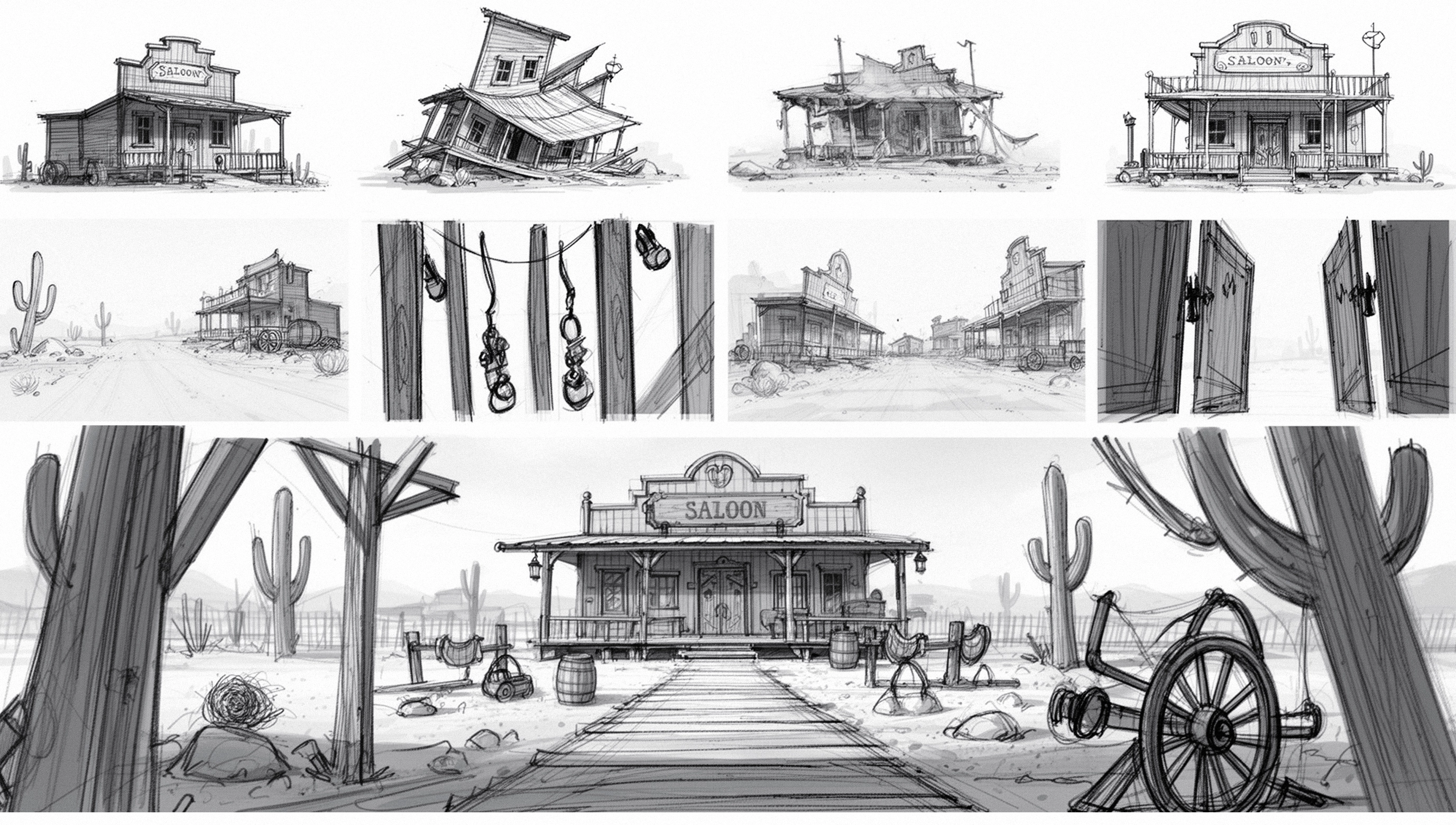 Wild West saloon concept art storyboard — pencil sketches of building variations and interior details, game environment concept art service