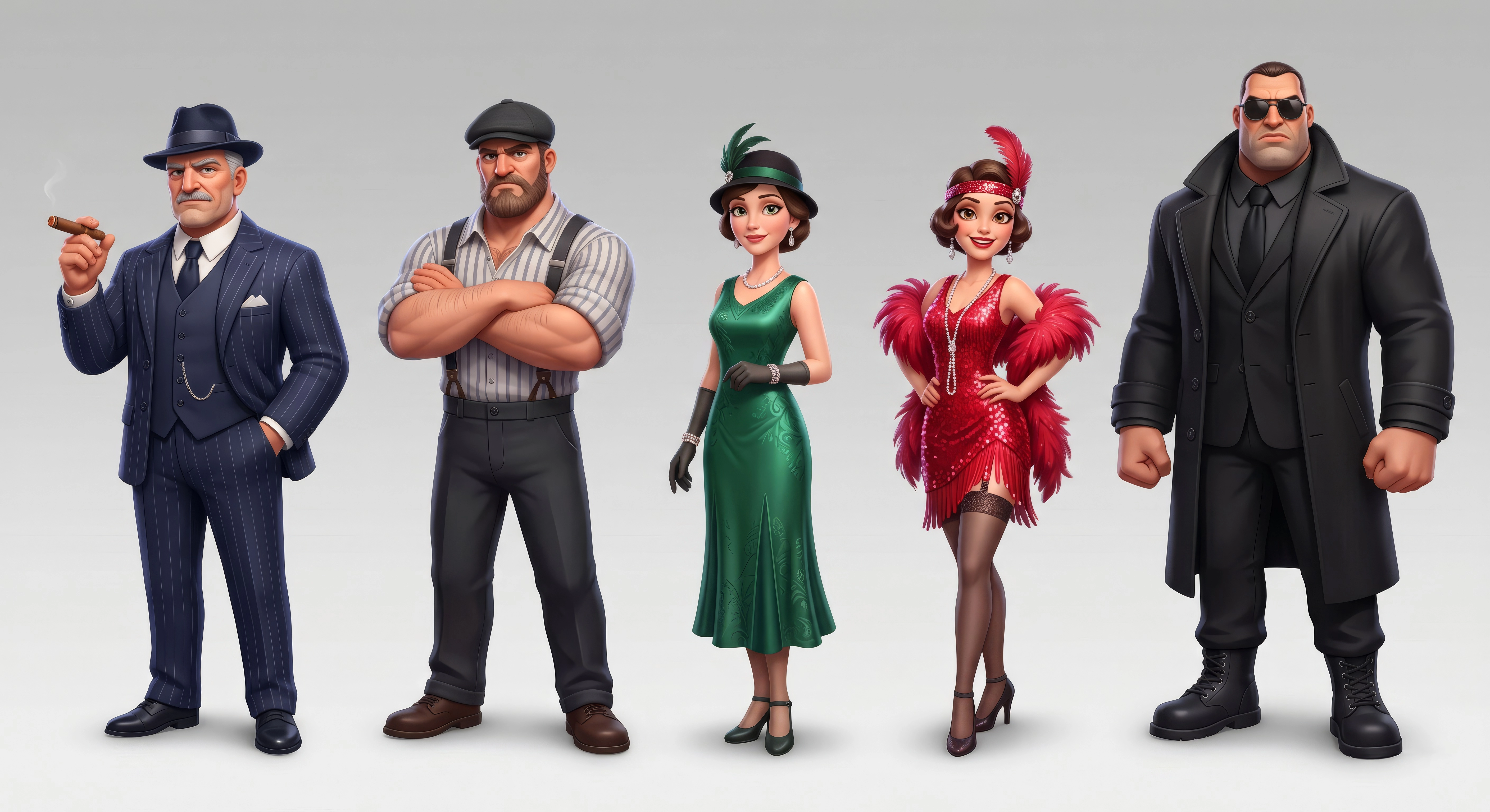1920s mafia character design lineup — five stylized game characters including mob boss, showgirl, and bodyguard for casino game art