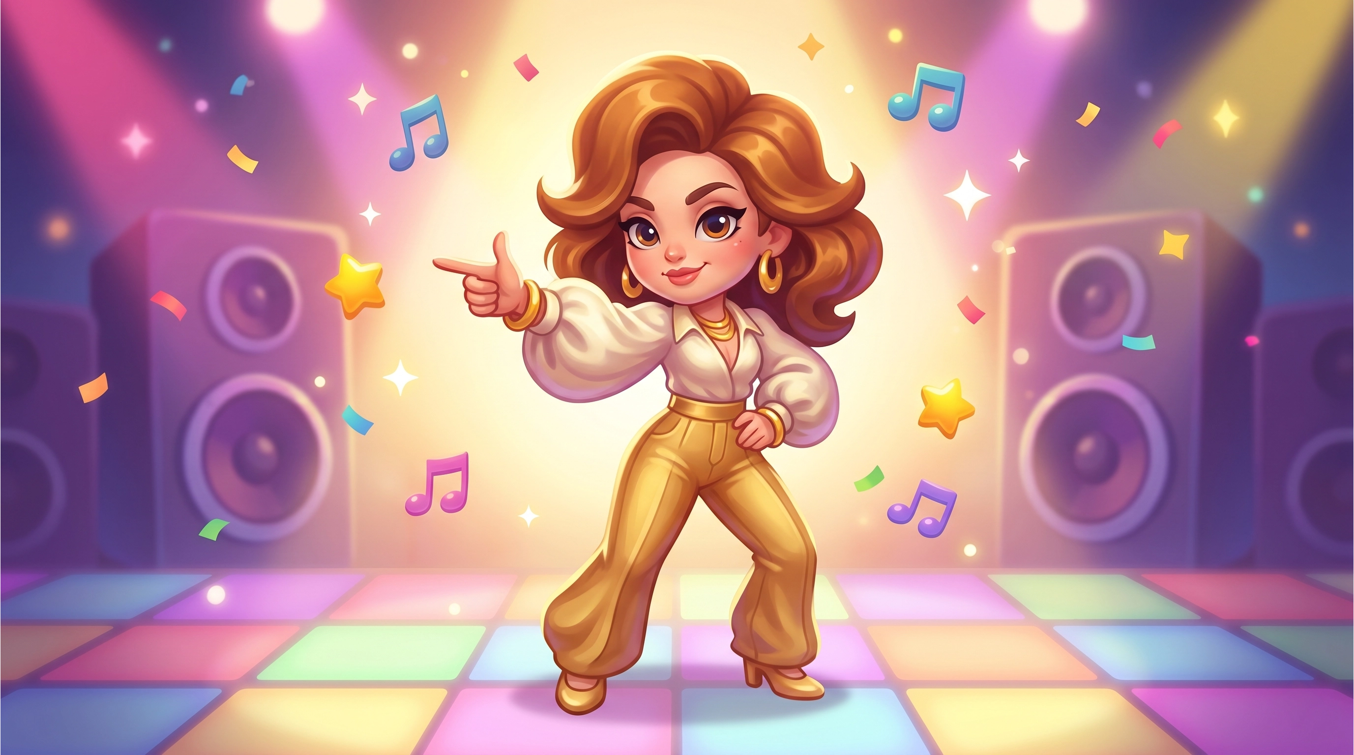 Dancing chibi character illustration — disco outfit, colorful dance floor with music notes and spotlights, casual game character design