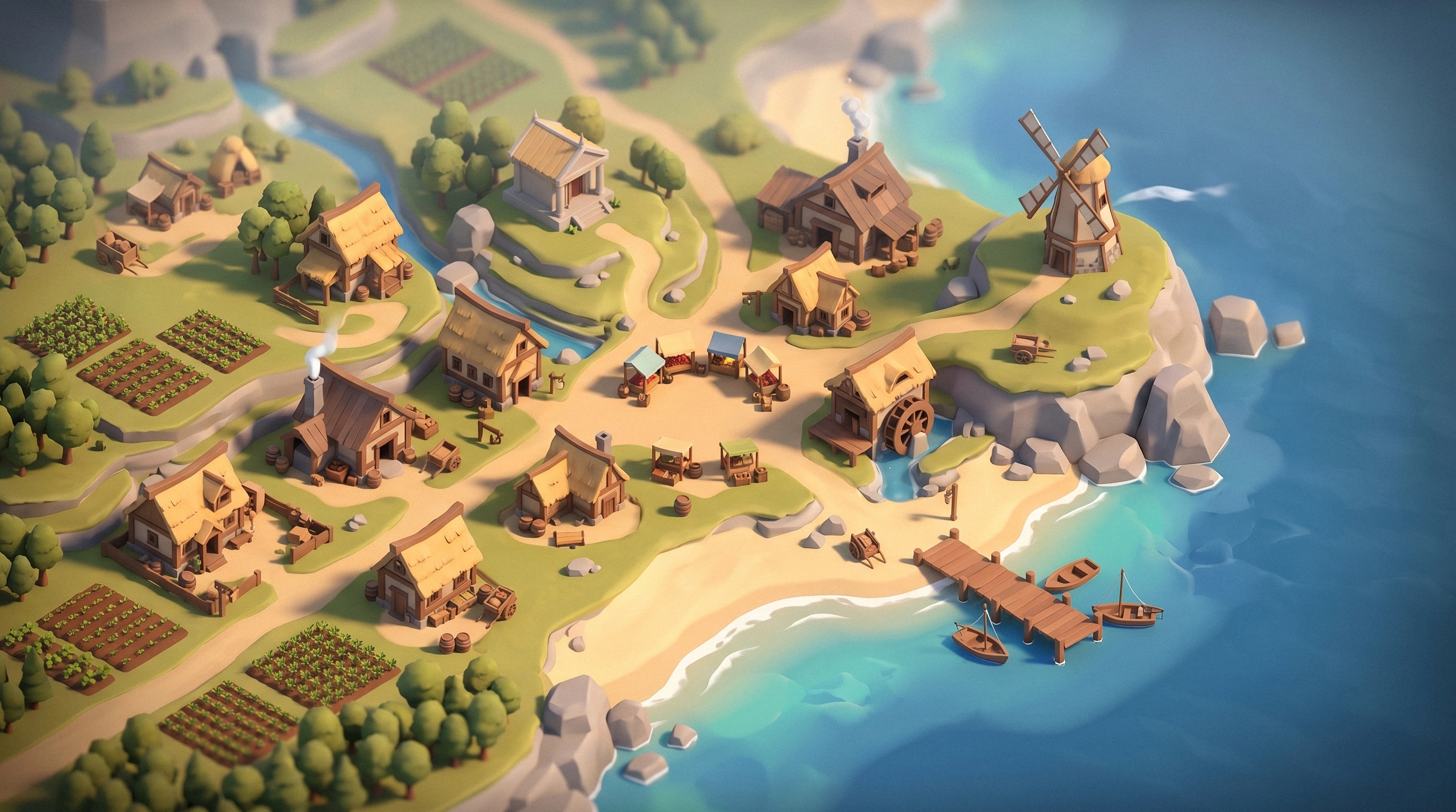 Low poly 3D coastal village render — isometric medieval settlement with windmill, farmland, and docks, 3D game art outsourcing