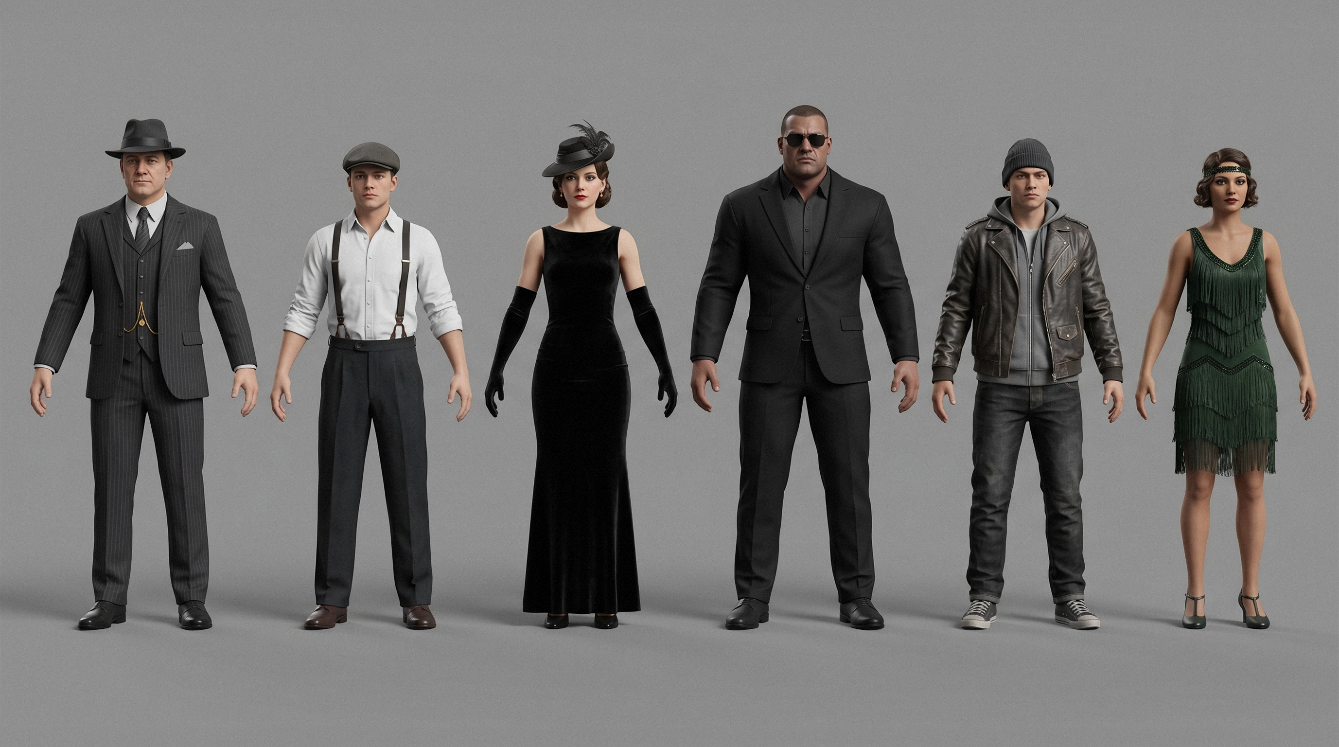 3D mafia character models — six 1920s-style game characters including boss, enforcer, and flapper, 3D character design for casino game
