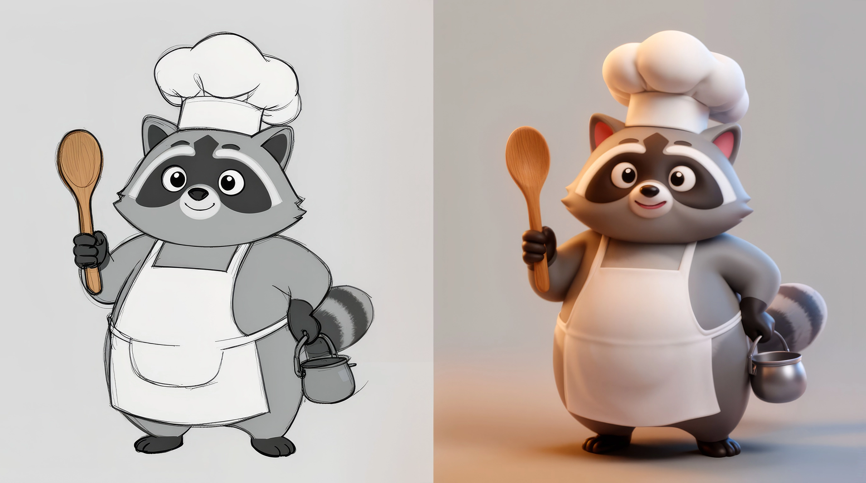 3D raccoon chef character — concept sketch vs final 3D render comparison, cute animal character design for casual mobile game