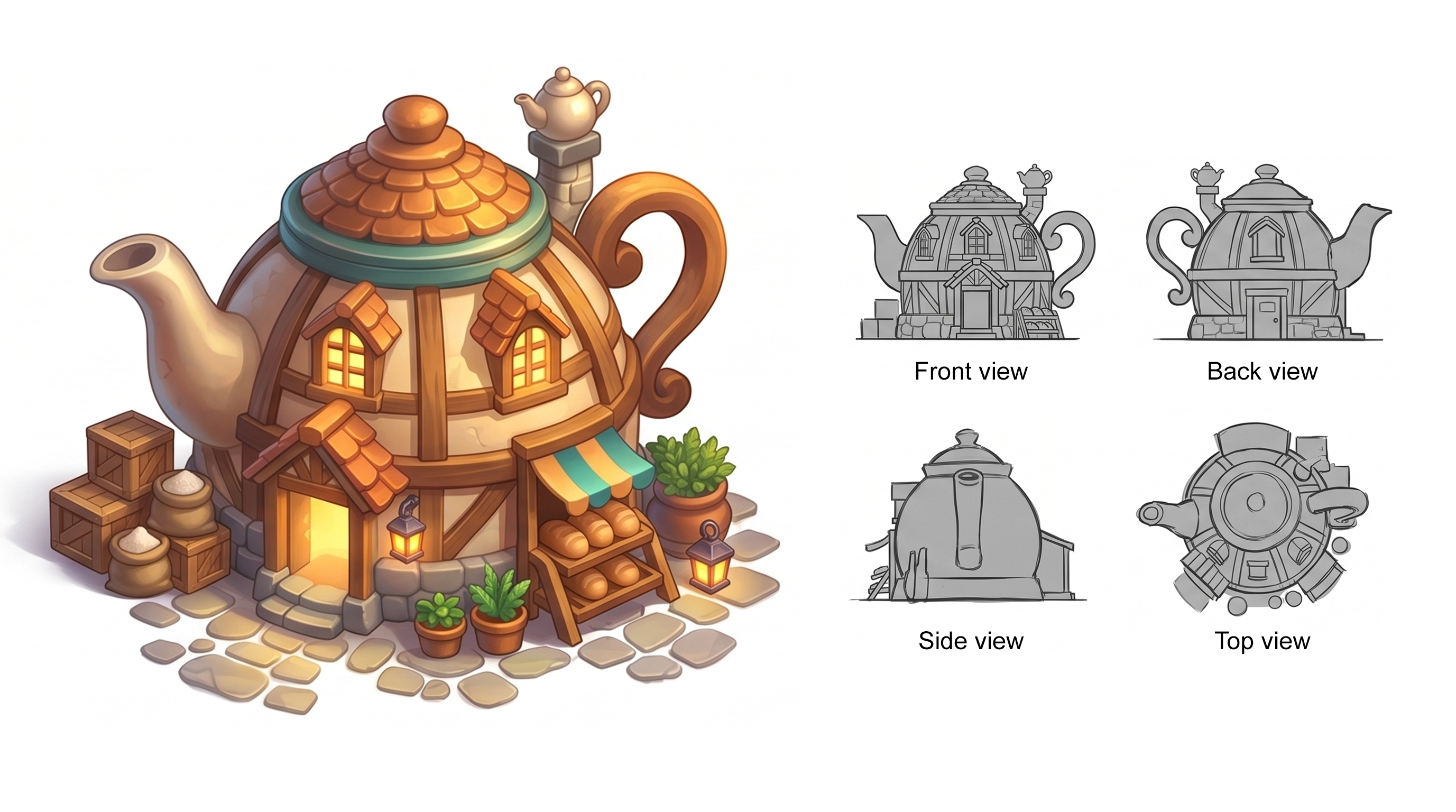 Isometric teapot bakery game building with orthographic views — whimsical game asset design for casual mobile game environment