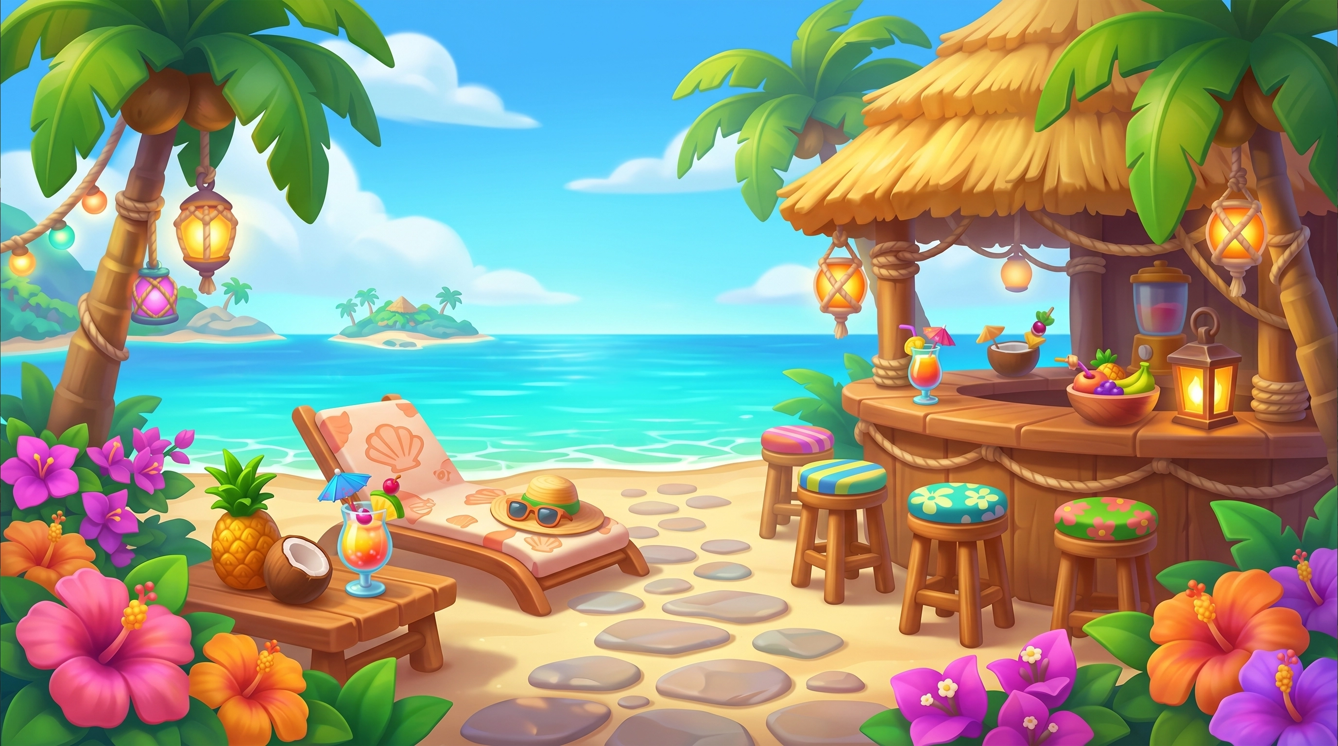 Tropical tiki bar beach background art — casual game 2D illustration with cocktails, palm trees, and hibiscus, mobile game environment design