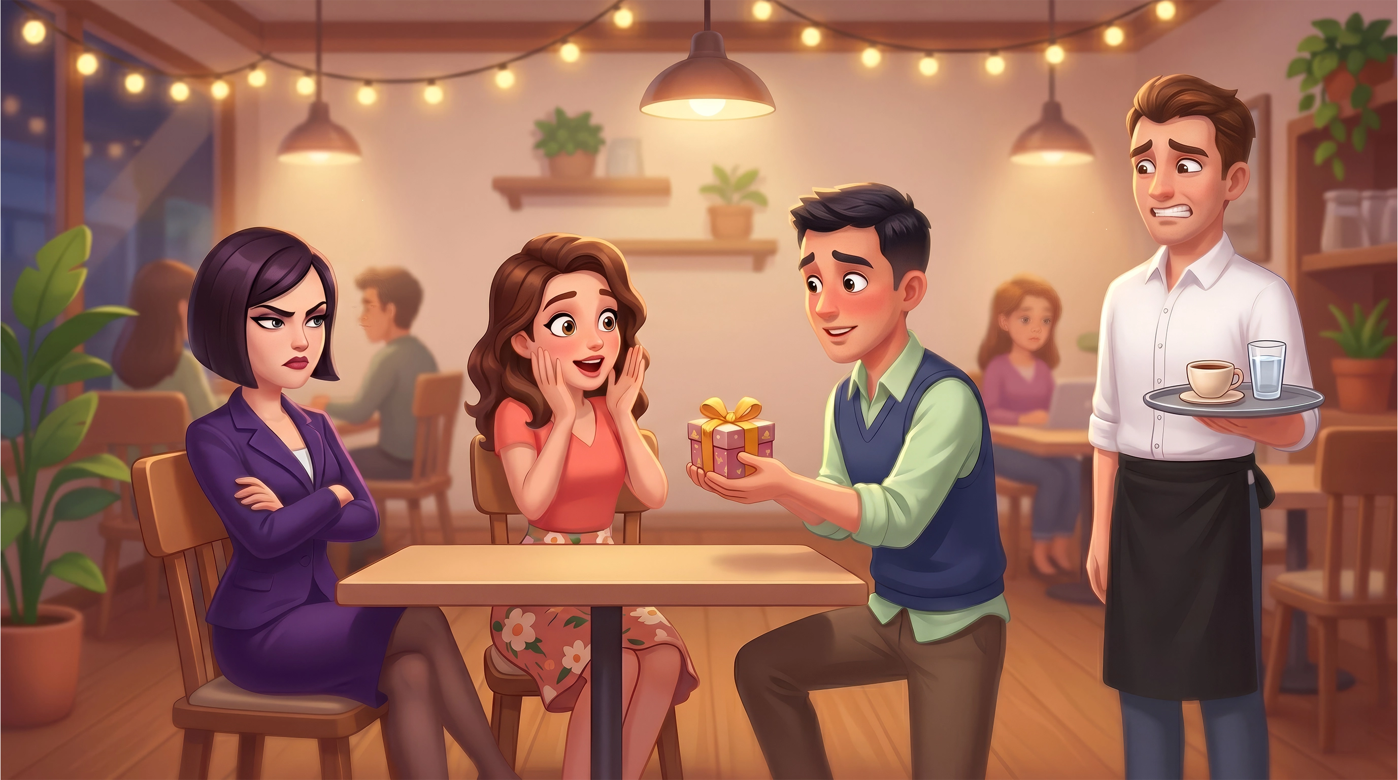 Casual game café scene with love triangle characters — stylized cartoon illustration for mobile narrative game or story game design