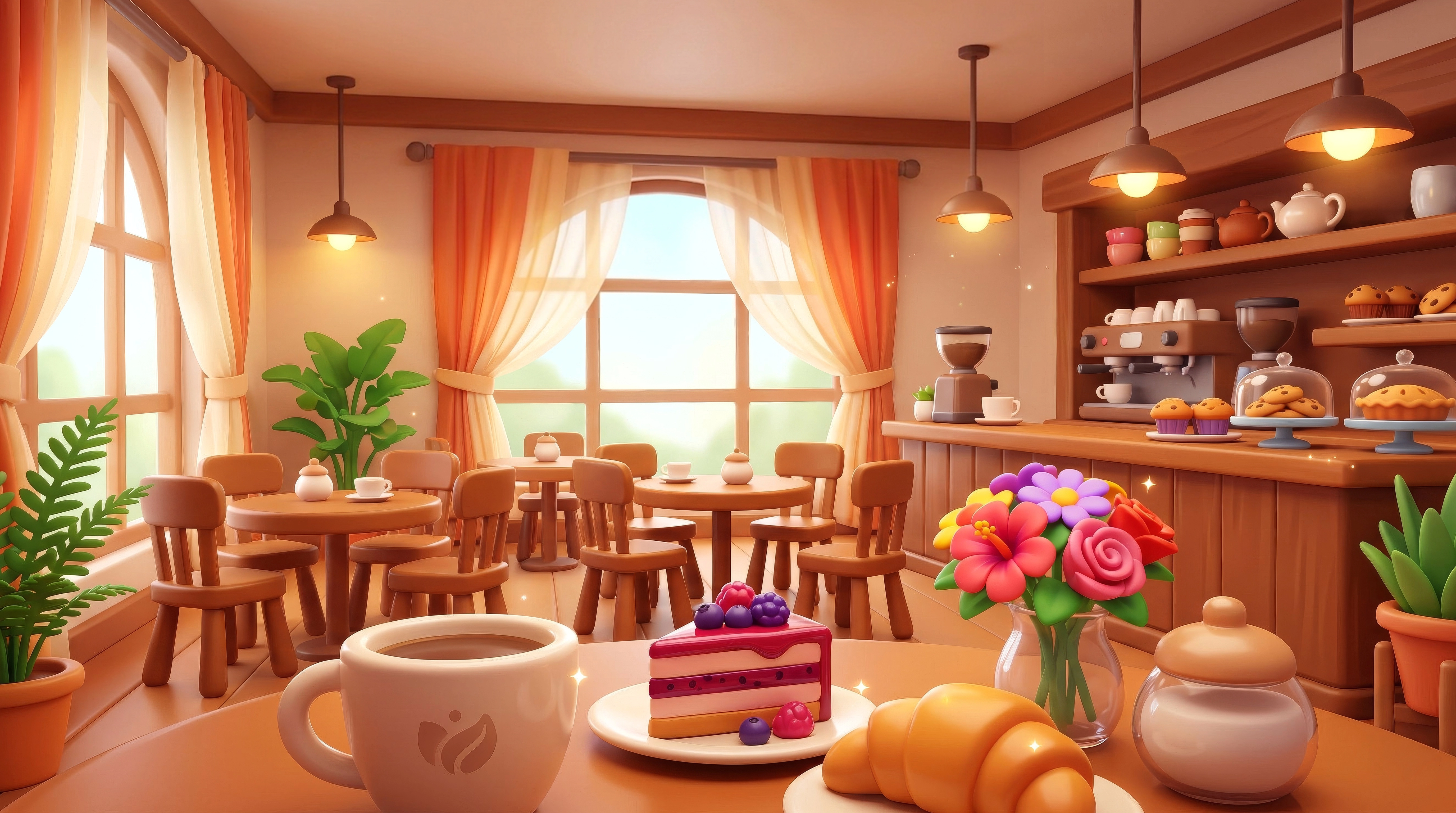 Cozy café interior background for casual game — warm lighting, coffee bar, pastries, and plants, 2D game environment illustration for mobile