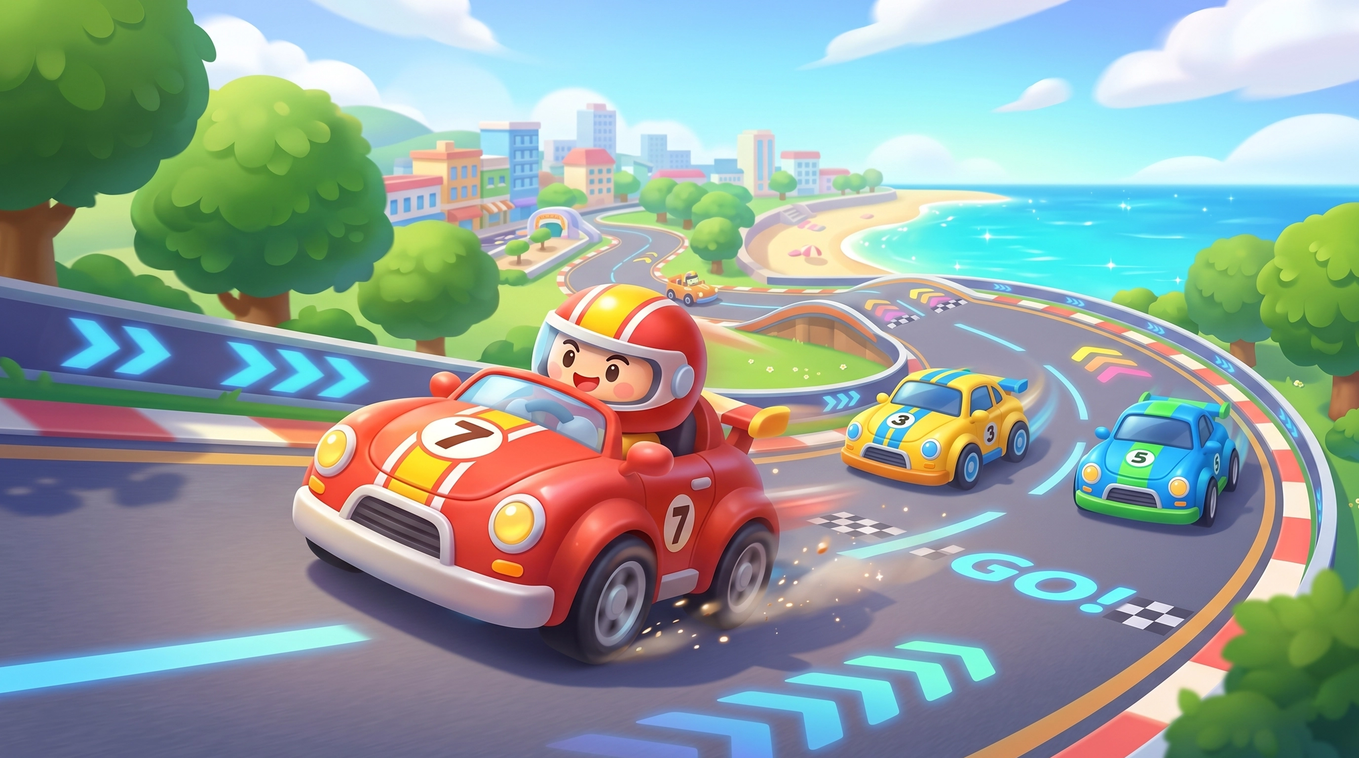 Casual racing game background art — cartoon driver in red car on winding coastal track, 2D mobile game illustration for racing game