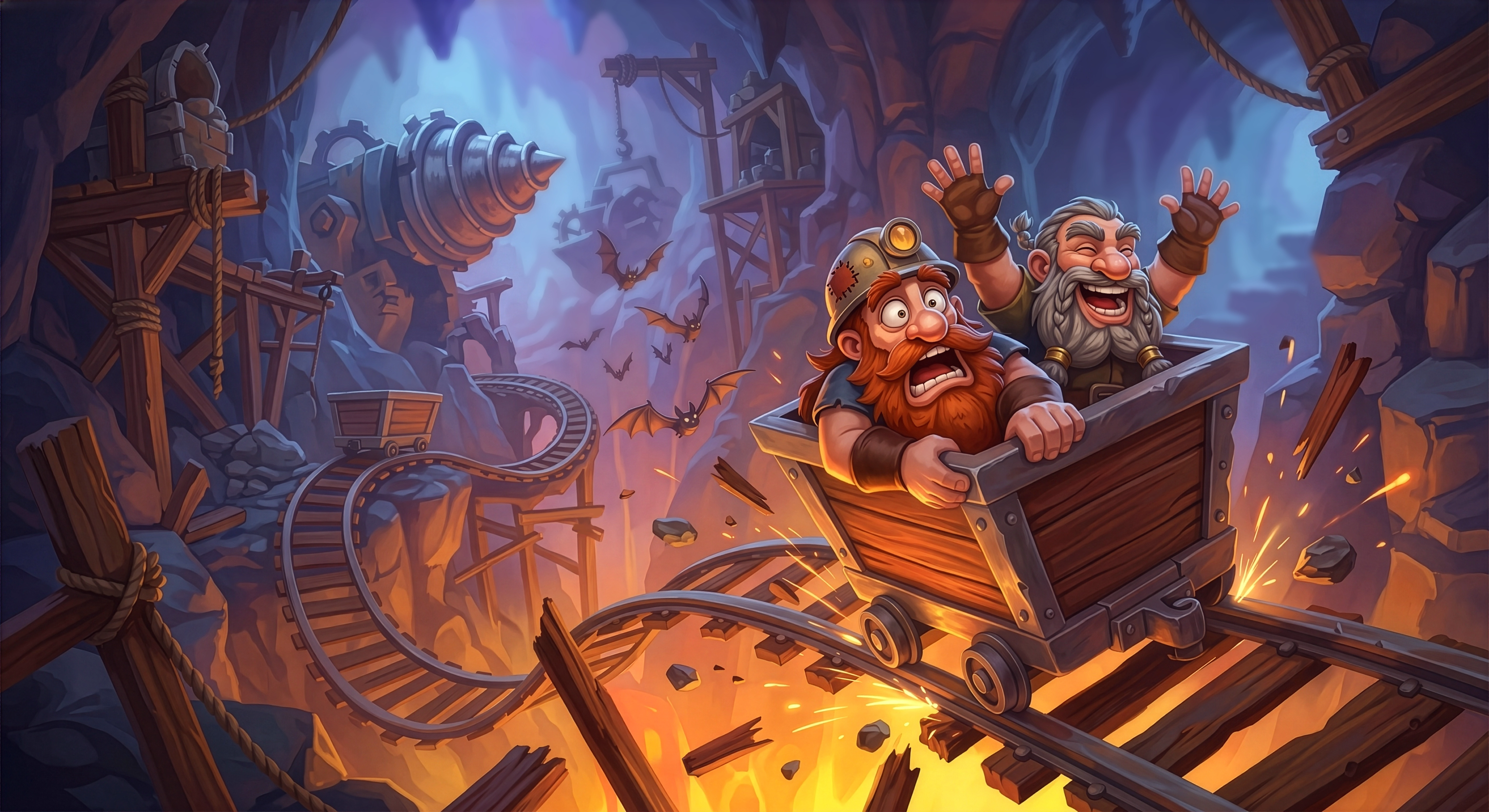 Dwarf miners mine cart adventure game art — two cartoon dwarves in underground cave with sparks, game illustration for casual mobile game