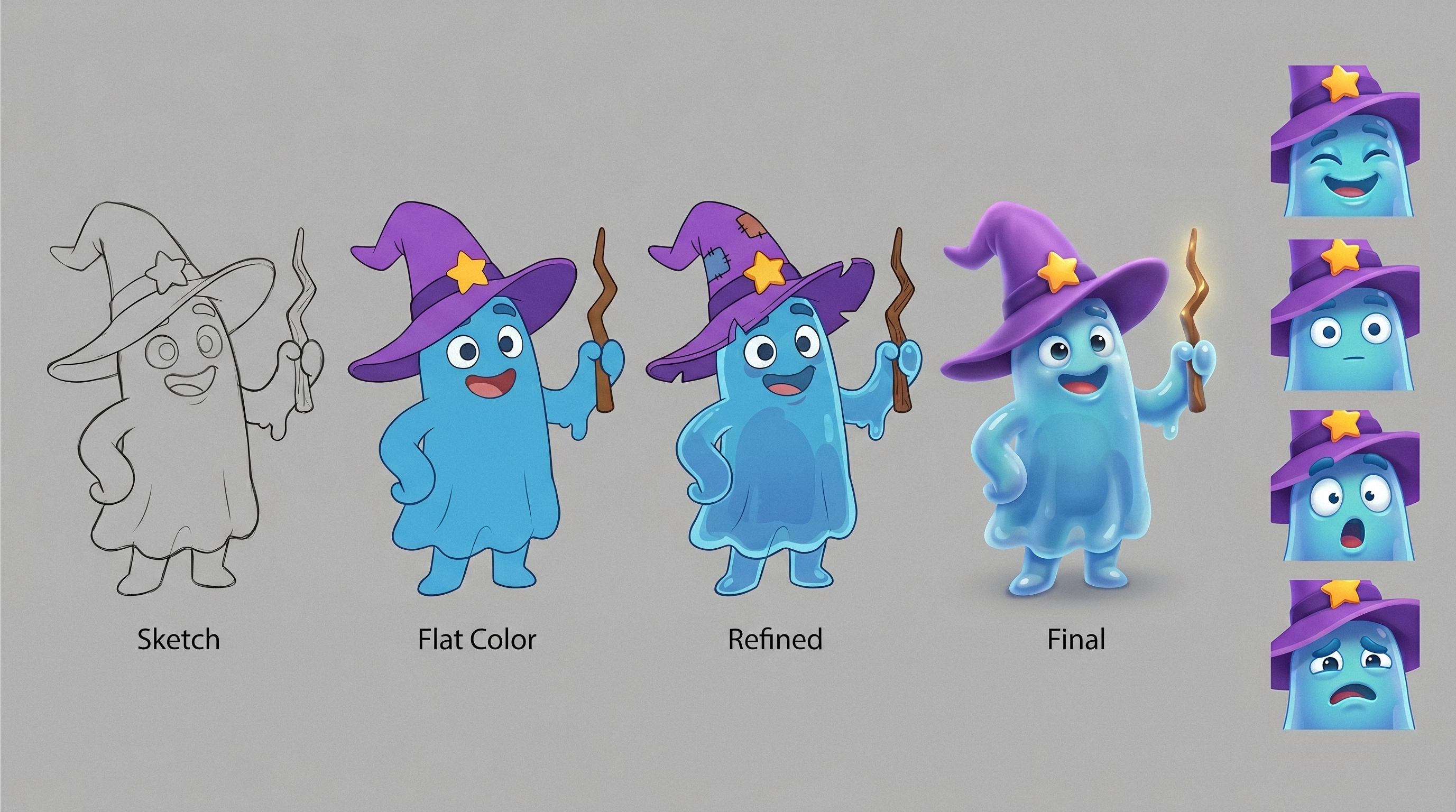 Ghost mage character design stages — sketch to final polish with expression icons, mobile game character design workflow by ArtHouse Labs