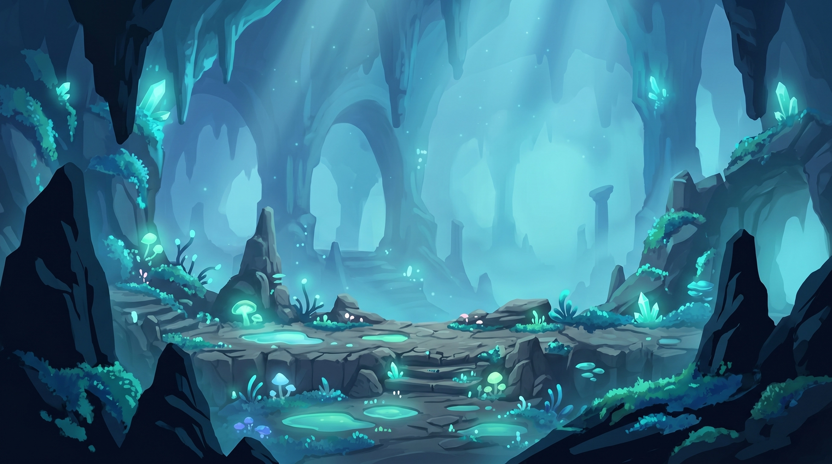 Glowing cave game background — bioluminescent mushrooms, crystals, and mossy arches in underground fantasy environment, 2D game art service