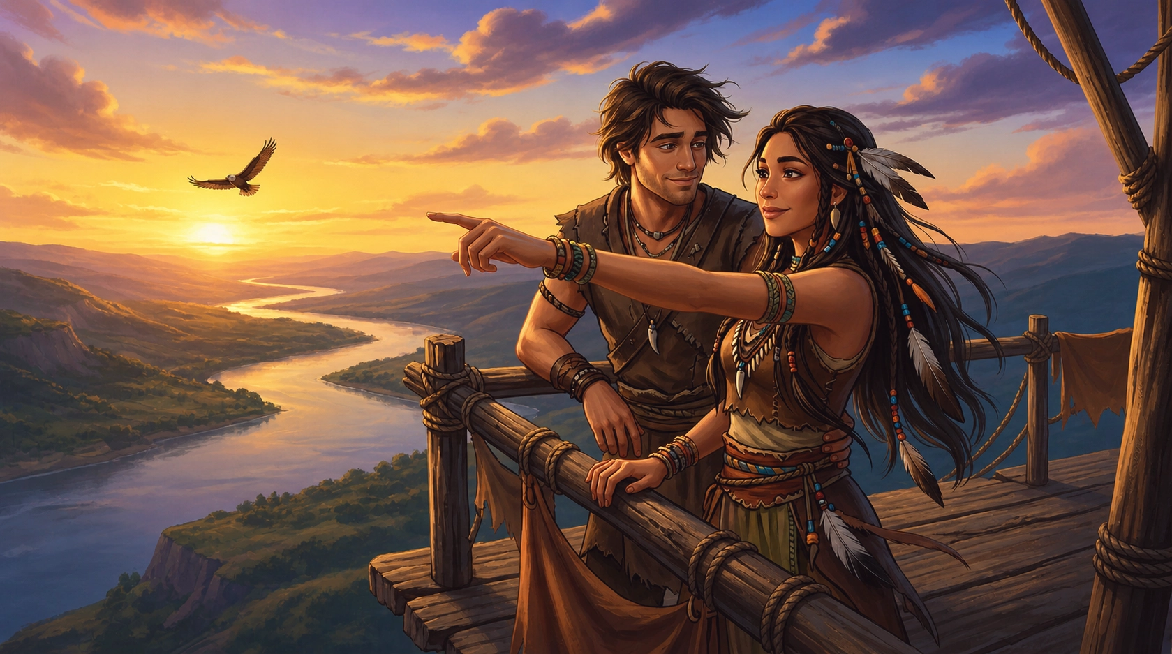 Native American characters at sunset lookout — cinematic game illustration for adventure or narrative mobile game, 2D character art service
