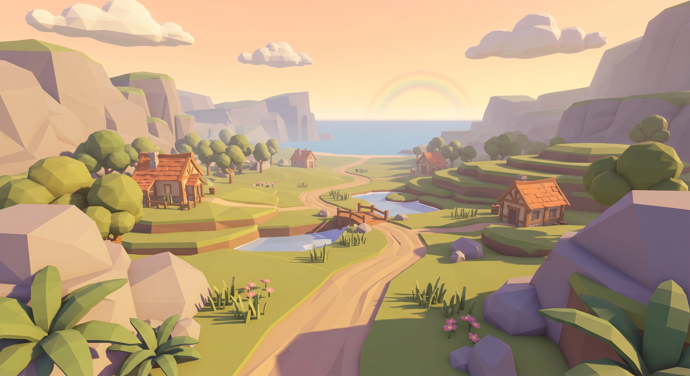 Low poly 3D valley landscape — aerial view of geometric village with river, trees, and rainbow, 3D game environment art for mobile