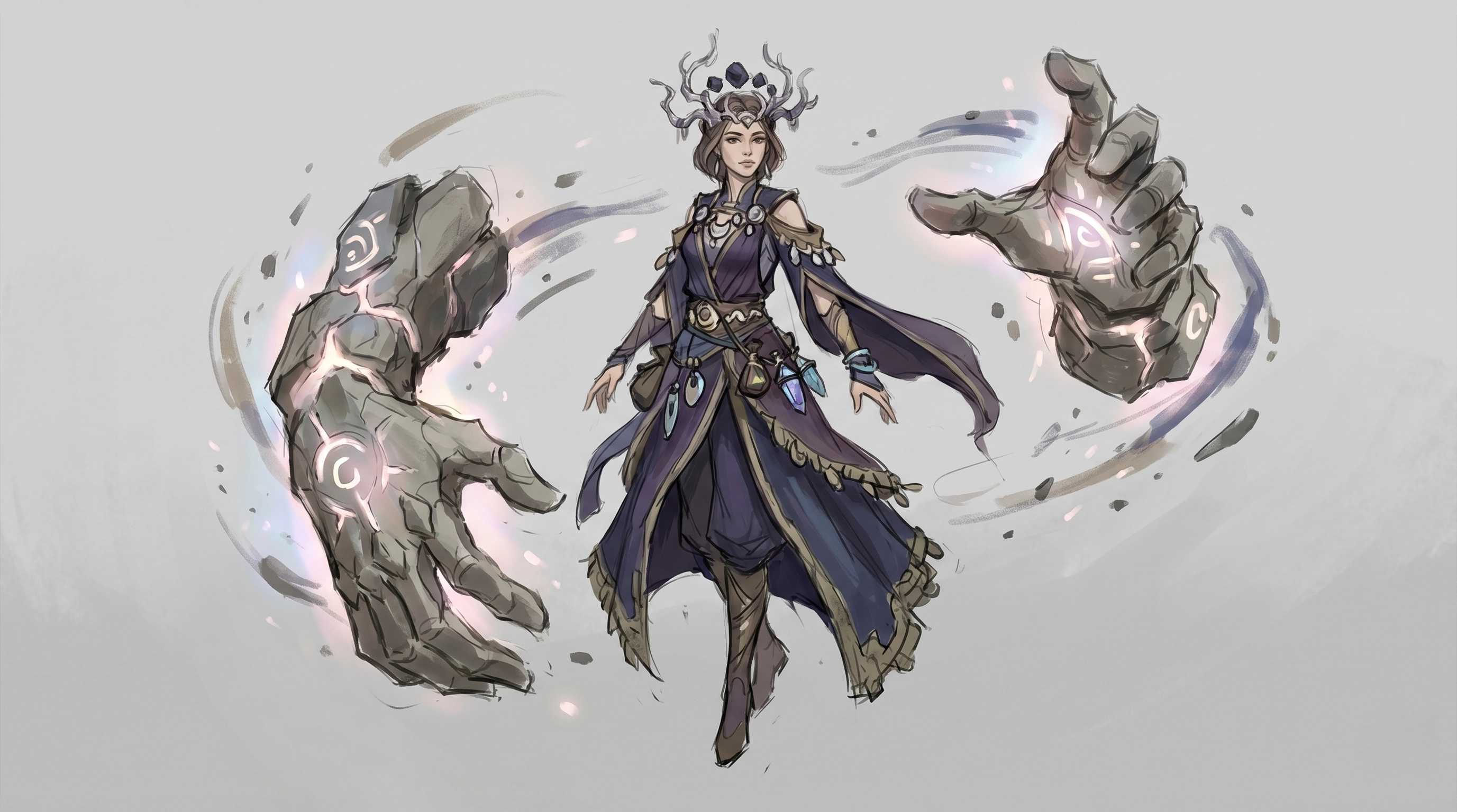 Stone golem mage concept sketch — female spellcaster controlling glowing rune golem hands, game character concept art service