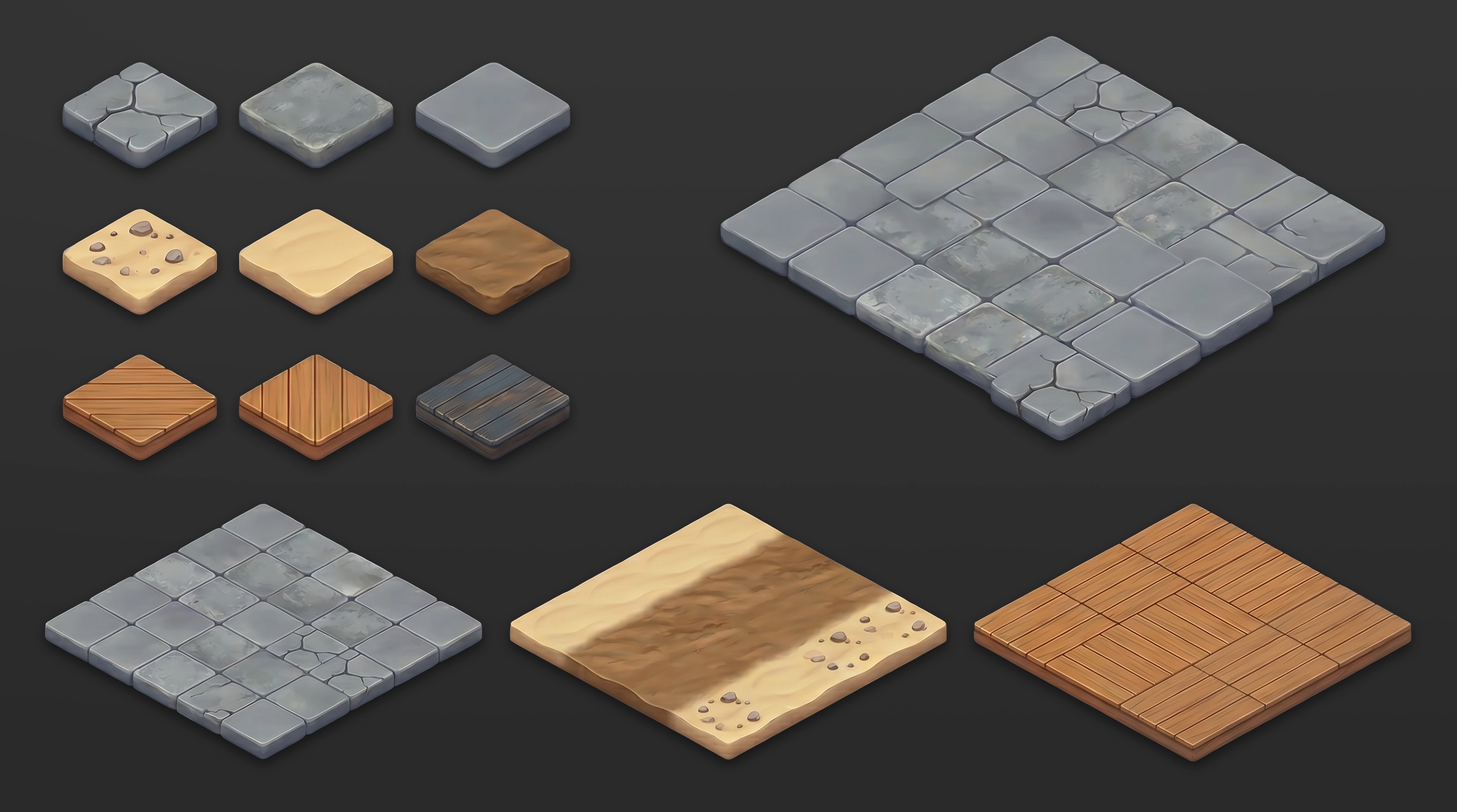 Isometric game material tile set — stone, sand, and wood floor textures in grid and individual form, 2D game asset design for mobile