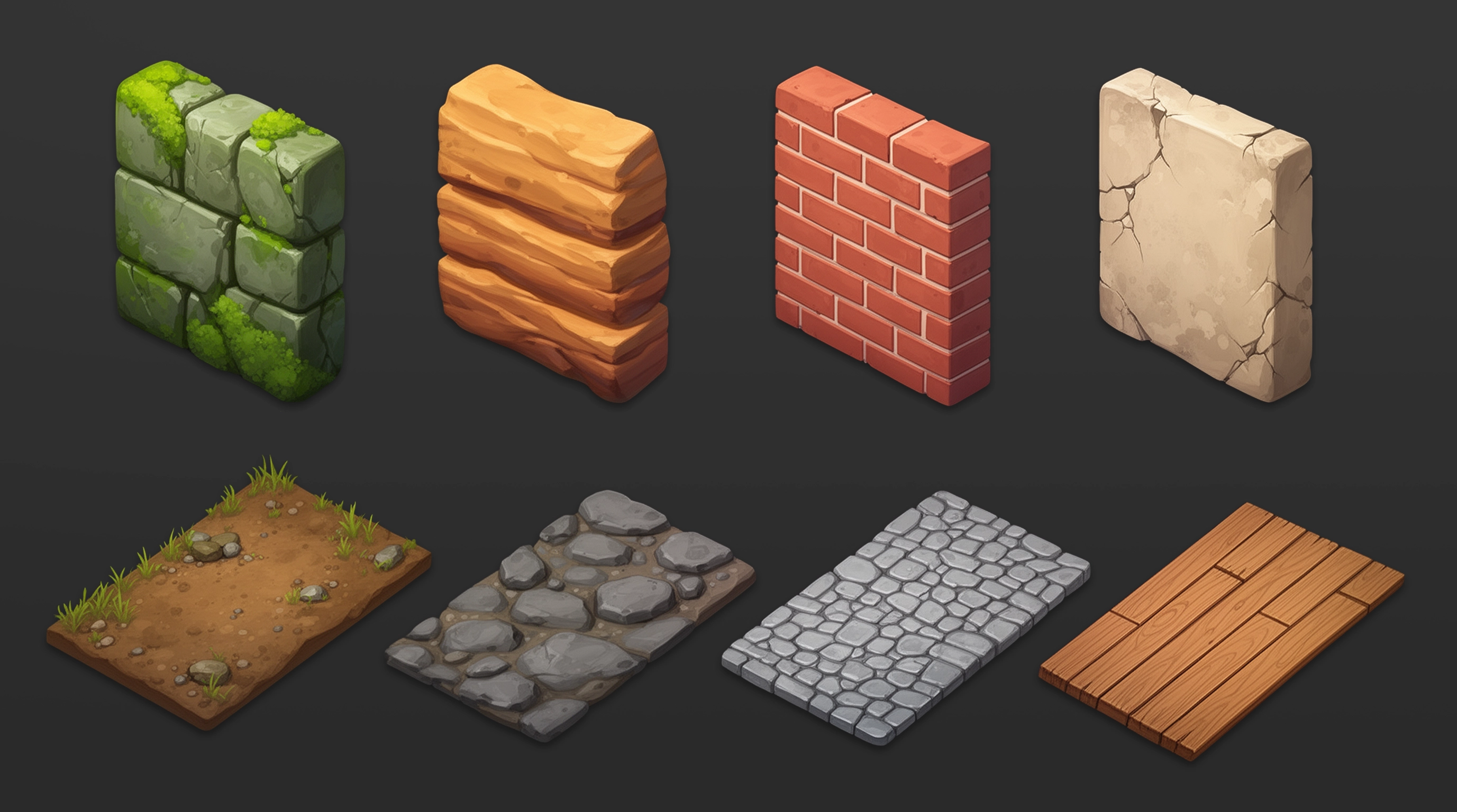 Isometric wall and floor material samples — mossy stone, brick, cobblestone, and wood tiles, 2D game asset design for environment art
