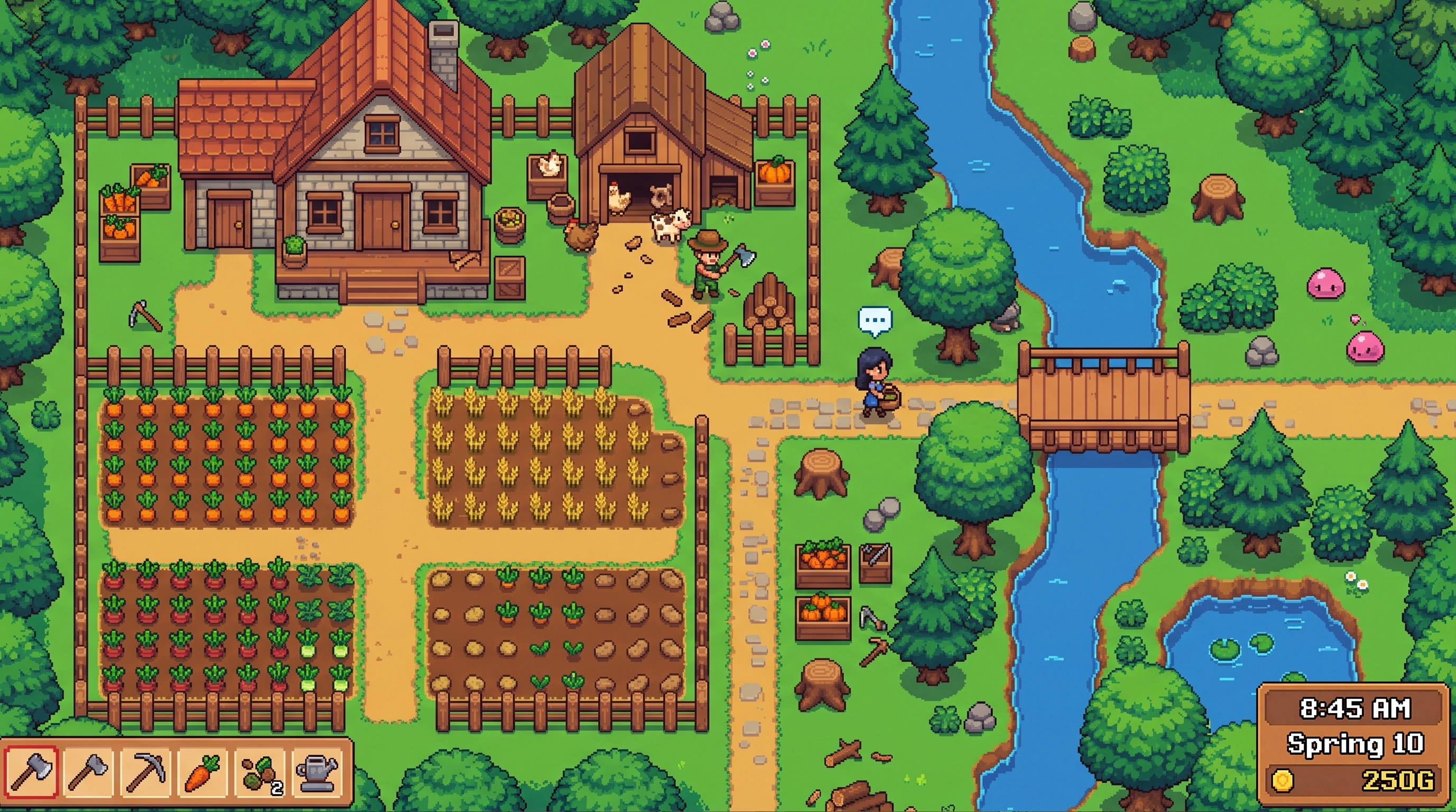 Pixel art farm game screenshot — top-down farm with crops, farmhouse, barn, and river, retro pixel art game design for mobile farming game