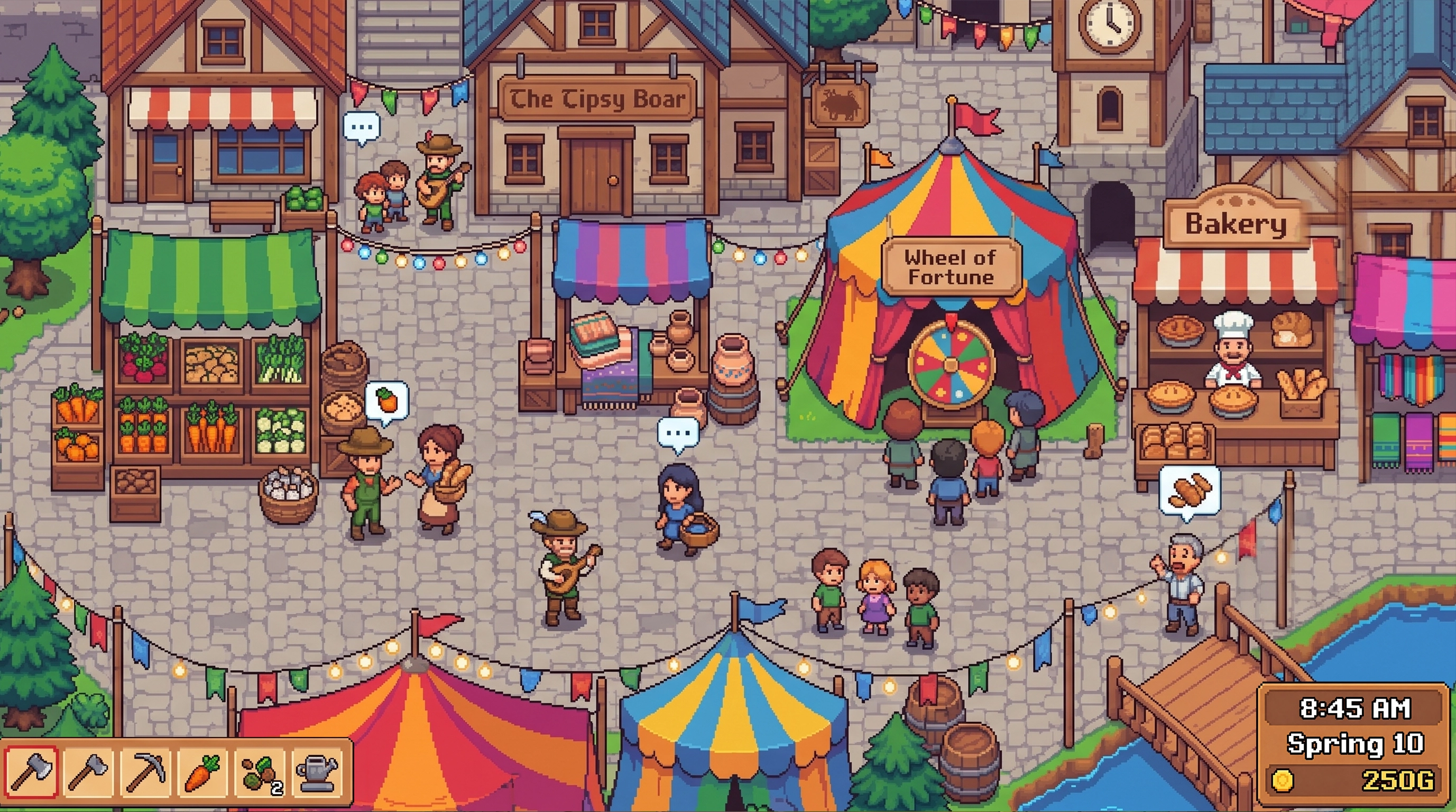 Pixel art town market scene — vendors, bakery, tavern, and festival tent in top-down pixel art style, retro mobile game illustration