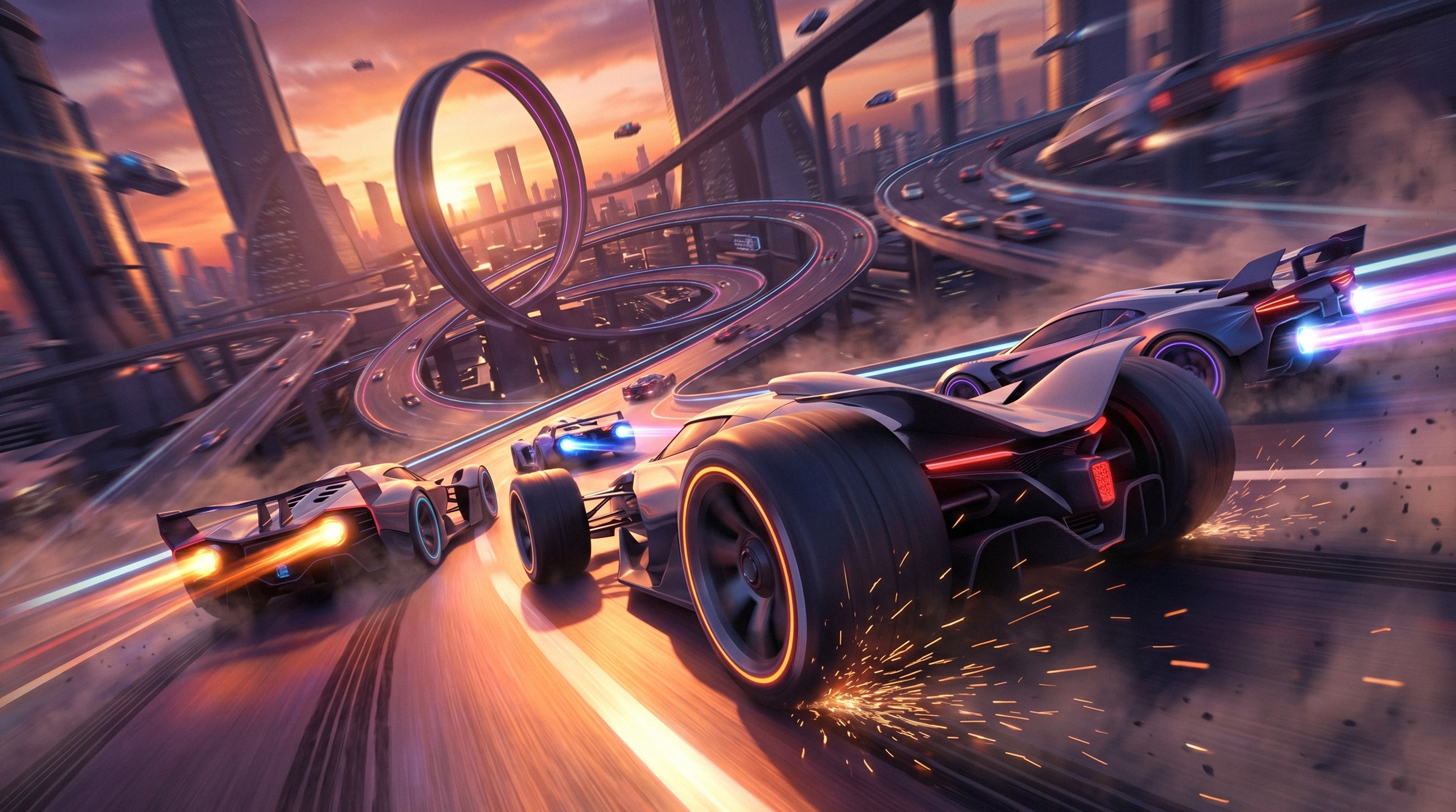 Futuristic racing game concept art — neon-lit cars on sci-fi track over city at dusk, game illustration for mobile racing game development