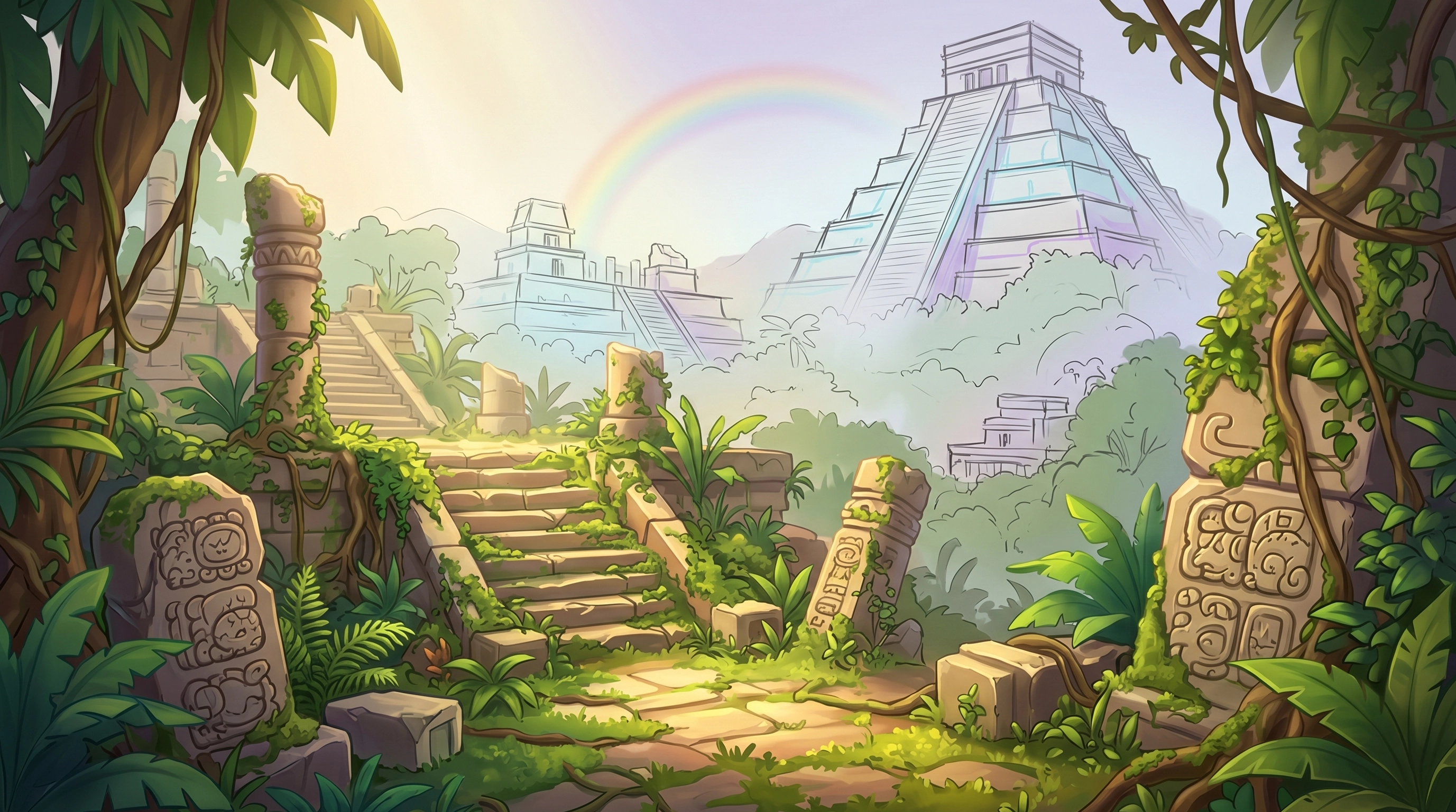 Jungle temple sketch-to-final game background — Mayan ruins with vines and carved stones, 2D game environment concept art workflow