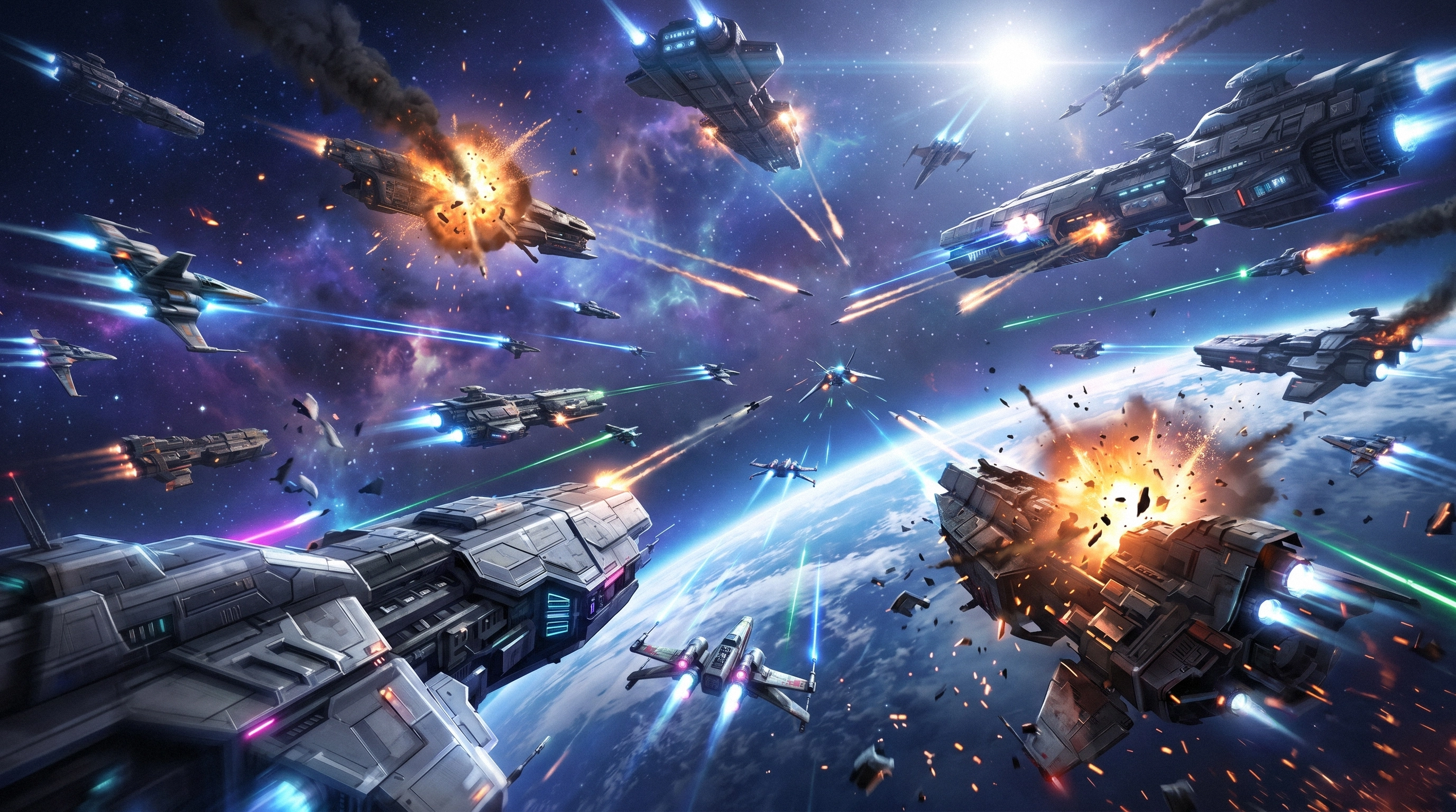 Space battle game concept art — massive starship fleet combat with lasers and explosions above a planet, sci-fi game illustration service