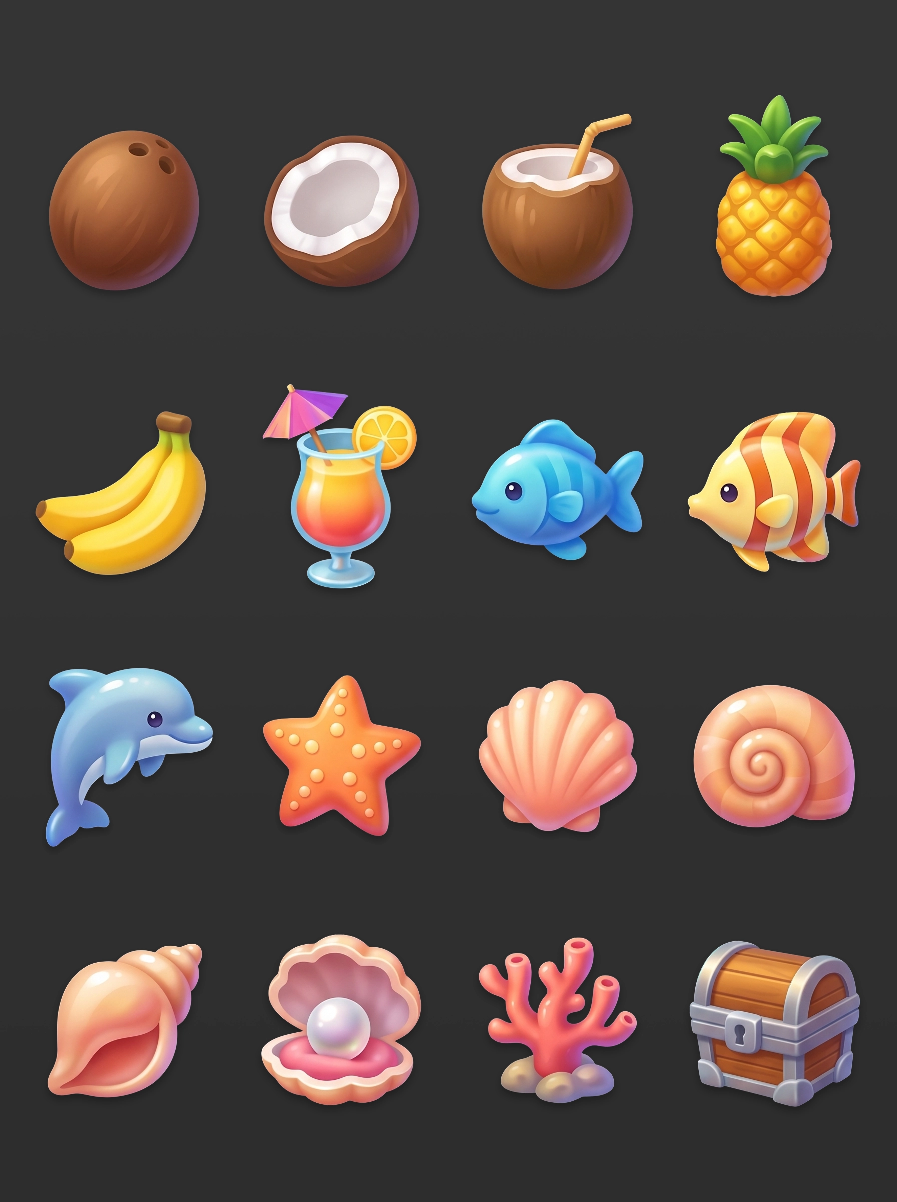 Tropical game icon set — 16 polished 3D icons with coconut, fish, dolphin, shells, and treasure chest, mobile game UI asset design