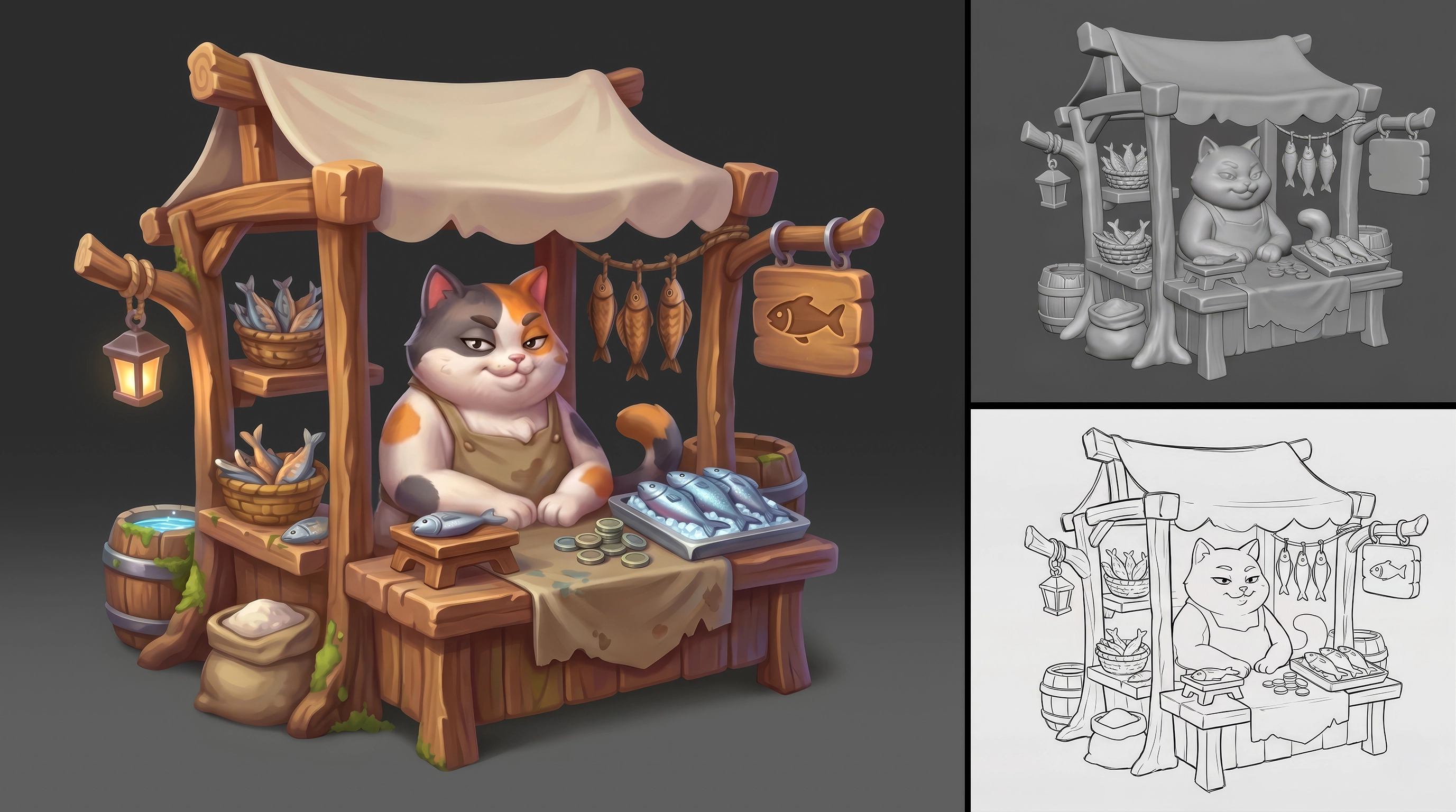 3D cat shopkeeper game asset — fish market stall with sketch, model, and final stages, 3D game art production for mobile