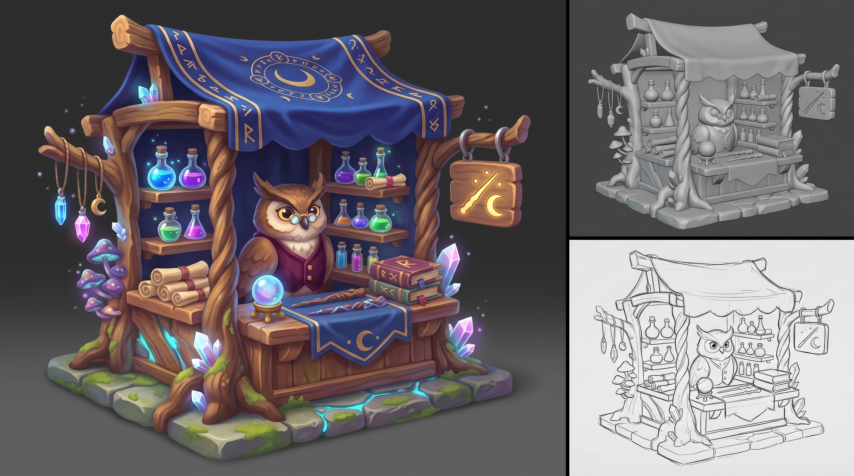 3D owl alchemist potion shop game asset — stall with crystals and scrolls, 3D game asset design from concept to final render