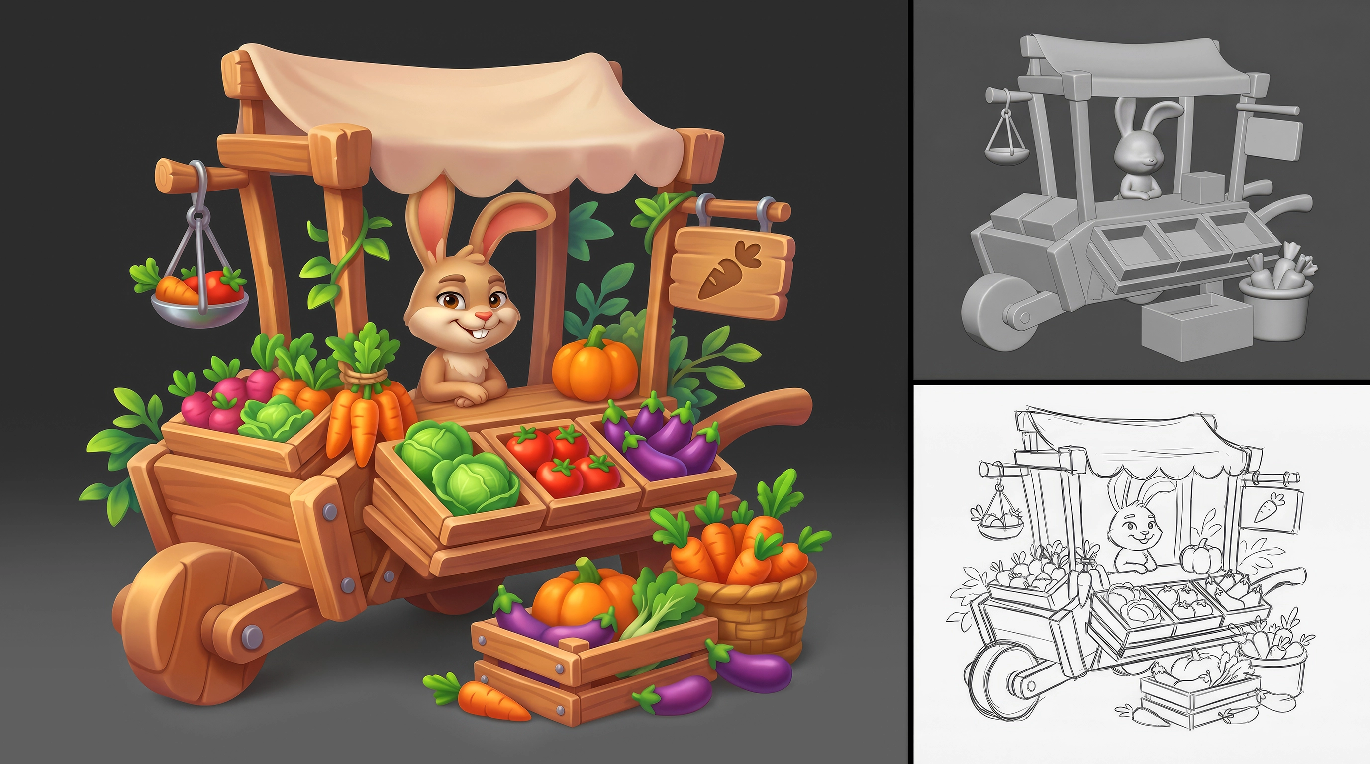 3D rabbit vegetable vendor game asset — market cart with produce, 3D game art from sketch to final for casual mobile game