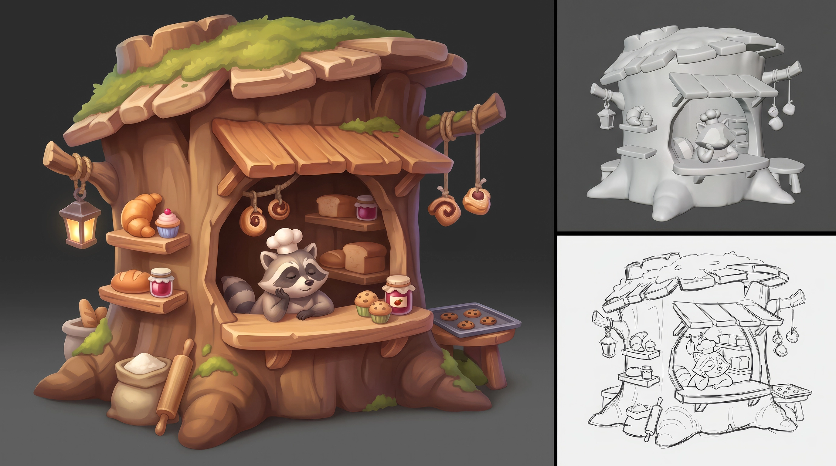 3D raccoon bakery stall game asset — tree stump shop with baked goods, 3D game asset design from concept to final render