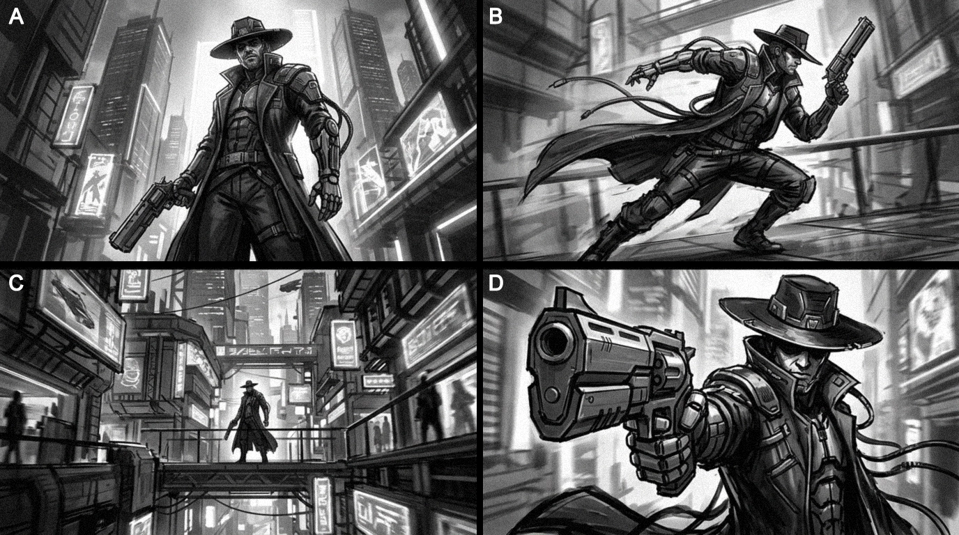 Cyberpunk gunslinger concept storyboard — four greyscale panels with action poses in neon city, game character concept art service