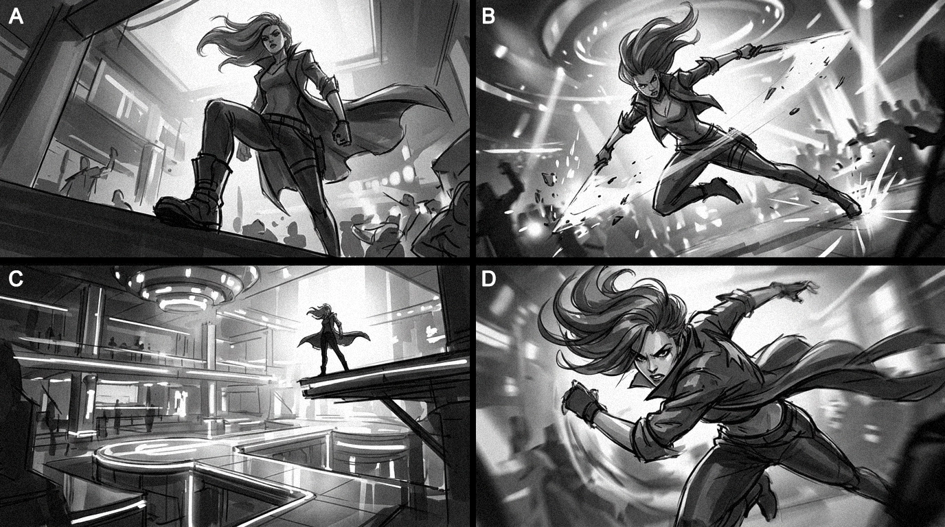 Female action agent storyboard panels — four dynamic greyscale scenes in futuristic setting, game cinematic concept art production