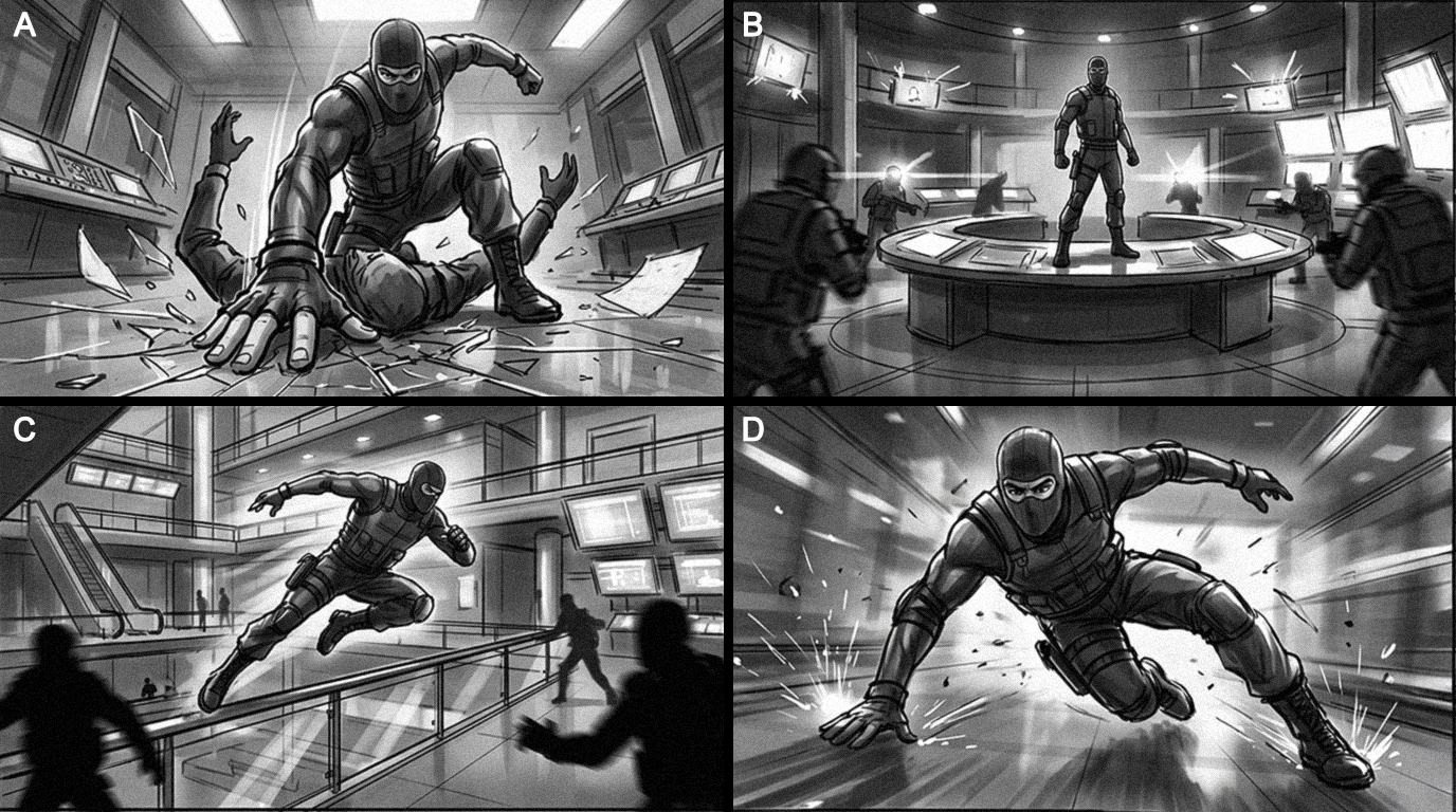 Tactical operative storyboard — four greyscale action panels in modern building, game cinematic concept art and storyboard service