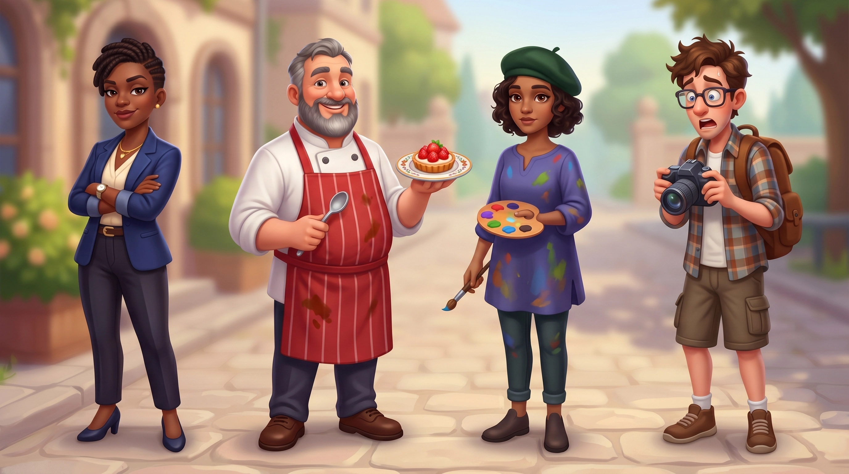 Casual game NPC character lineup — businesswoman, chef, artist, photographer on cobblestone street, 2D character design for mobile game