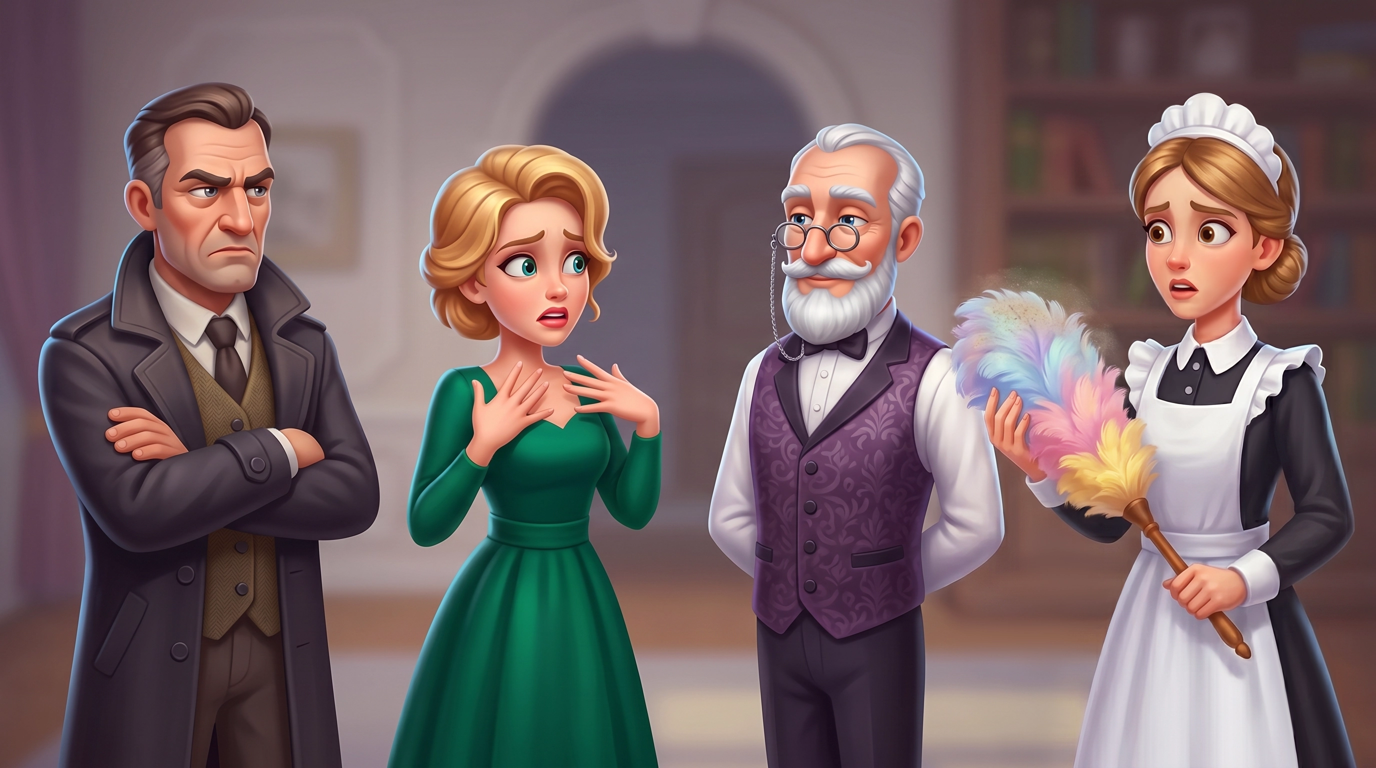 Victorian era NPC character design — detective, maid, elderly gentleman, and socialite for casual mystery game, 2D character art