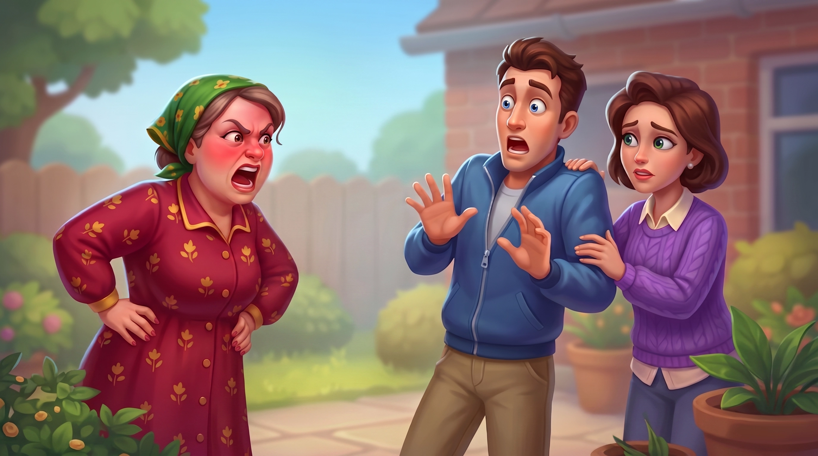 Casual game character interaction scene — three expressive NPCs in garden confrontation, 2D illustration for mobile narrative game