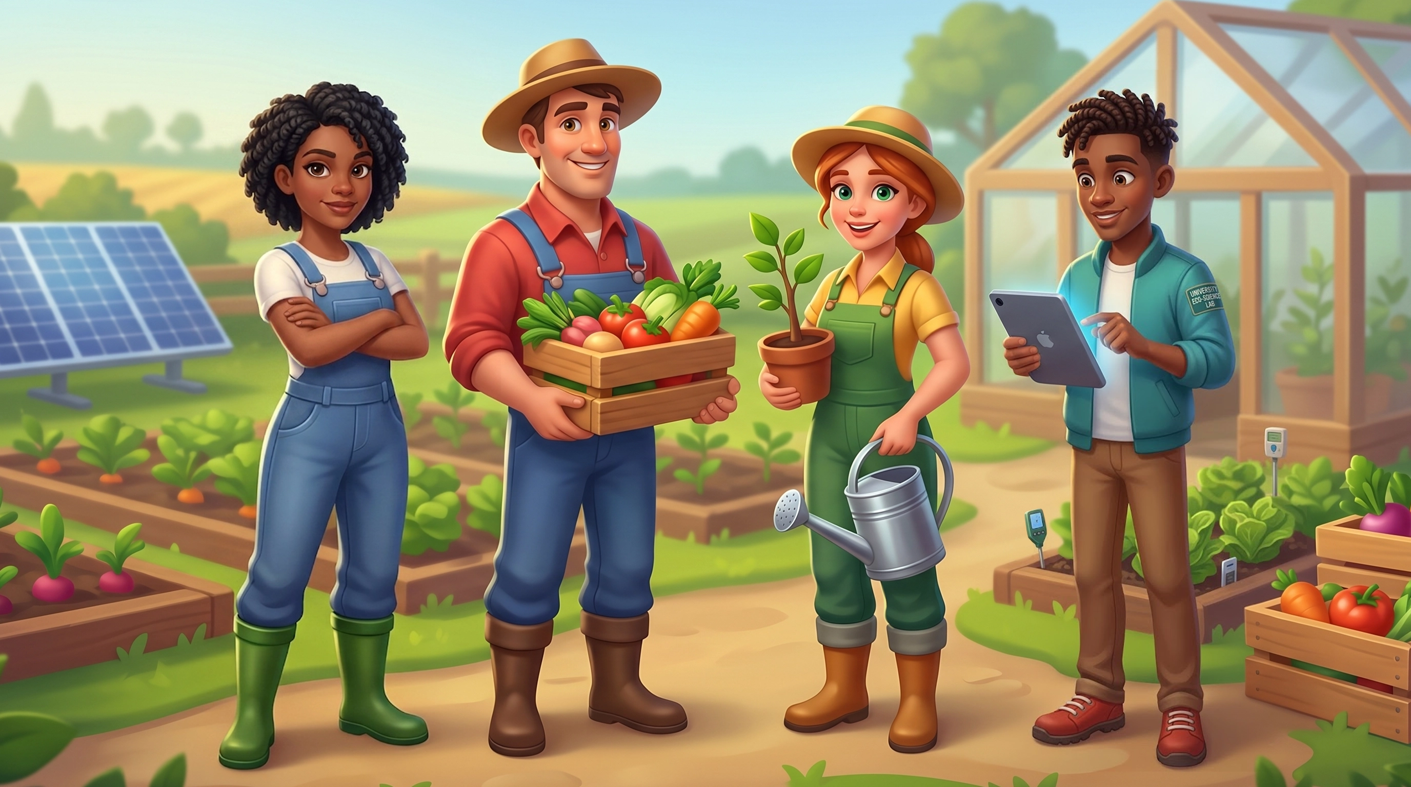 Casual game farming characters — diverse NPC lineup with farmer, gardener, and eco-student, 2D character design for mobile farm game