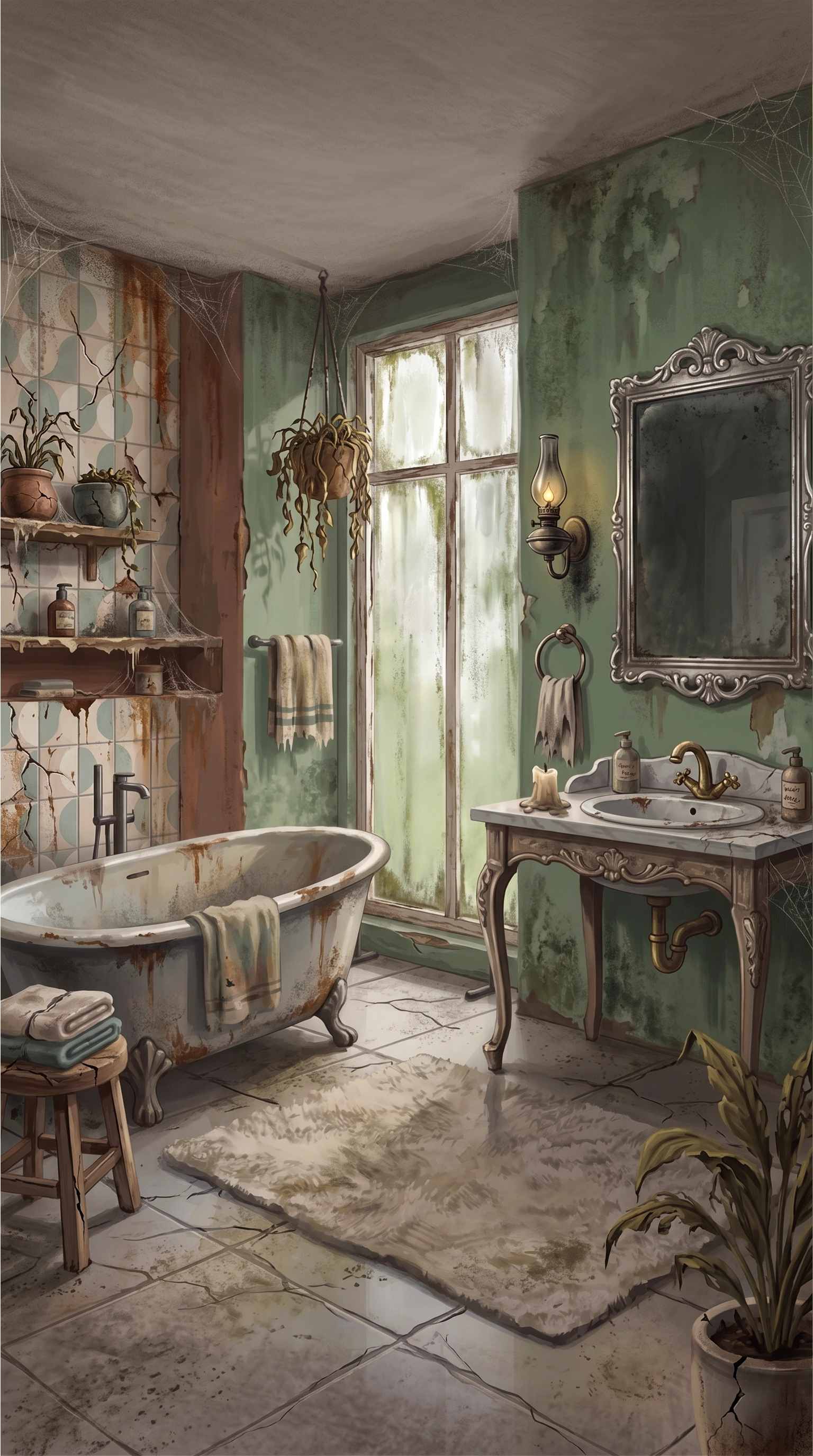 Before renovation bathroom game art — rusty clawfoot tub, peeling walls, cobwebs, for Cozy Fix & Flip mobile game UI illustration