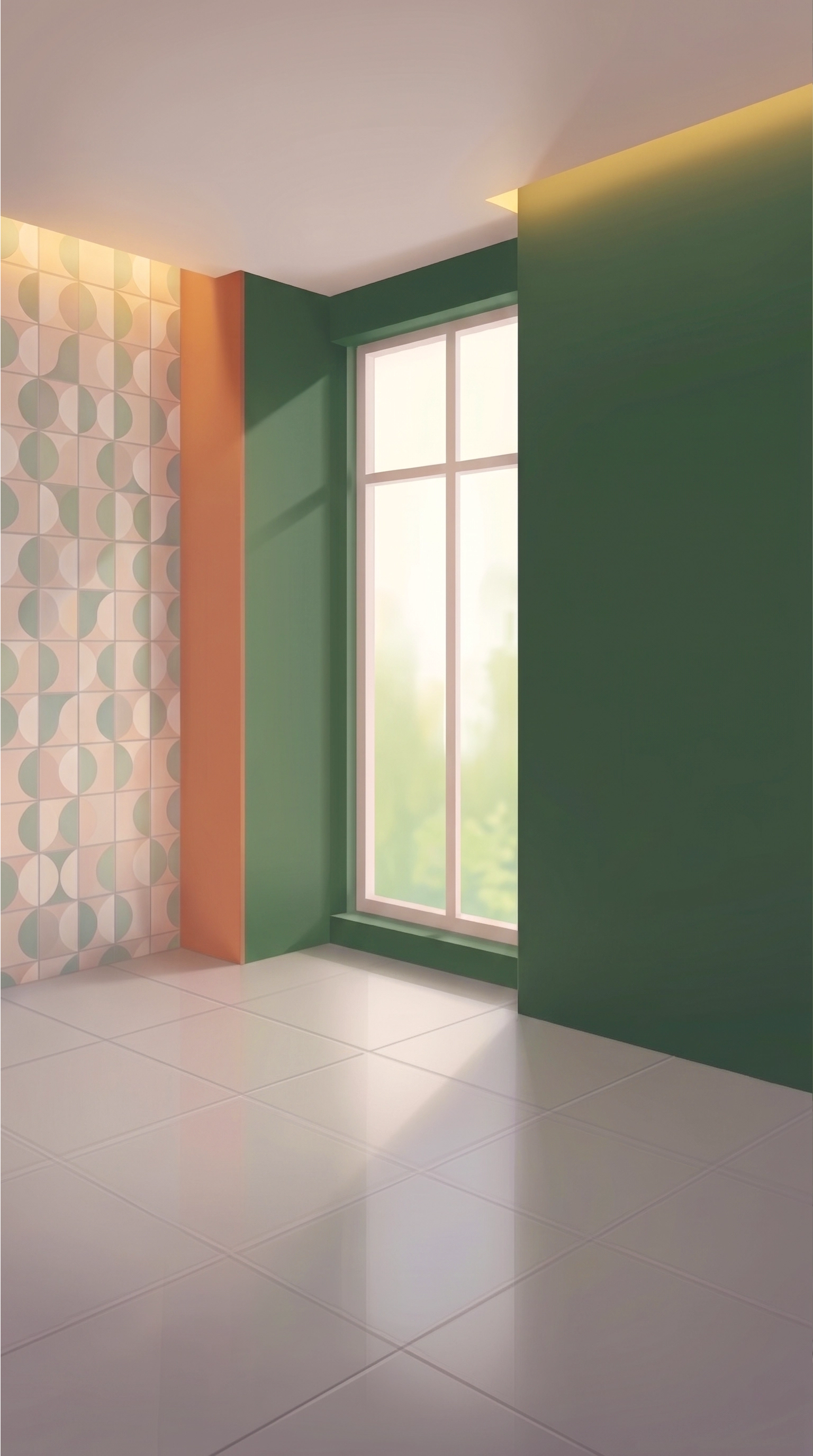 Mid-renovation bathroom concept art — empty room with geometric tile accent wall and window light, mobile game interior design illustration