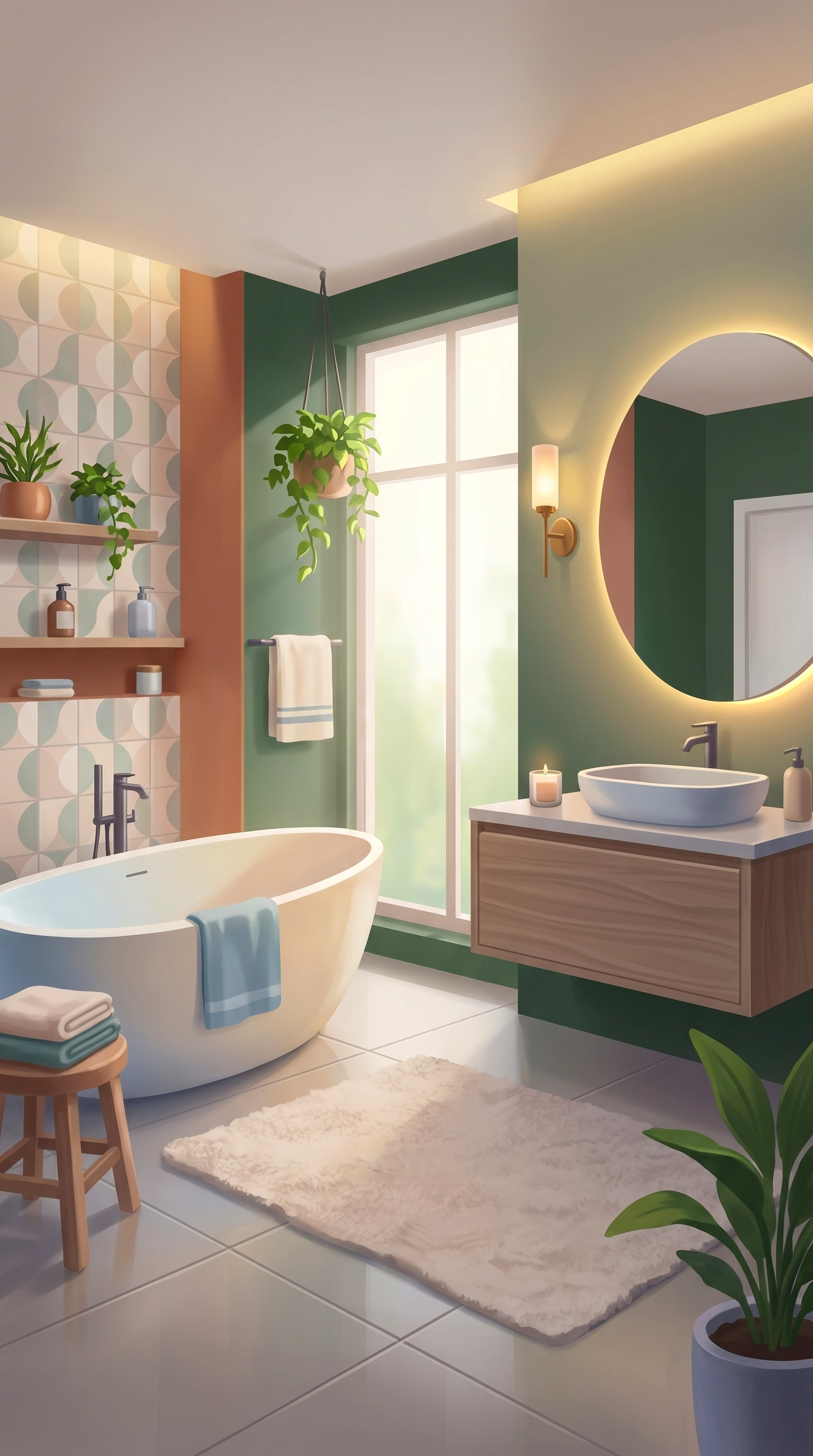 After renovation bathroom game art — modern freestanding tub, round mirror, and plants for Cozy Fix & Flip mobile renovation game