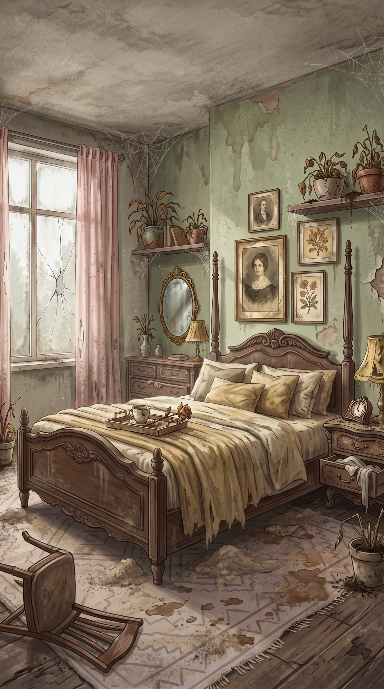 Before renovation bedroom illustration — dusty Victorian room with four-poster bed and cobwebs for Cozy Fix & Flip mobile game