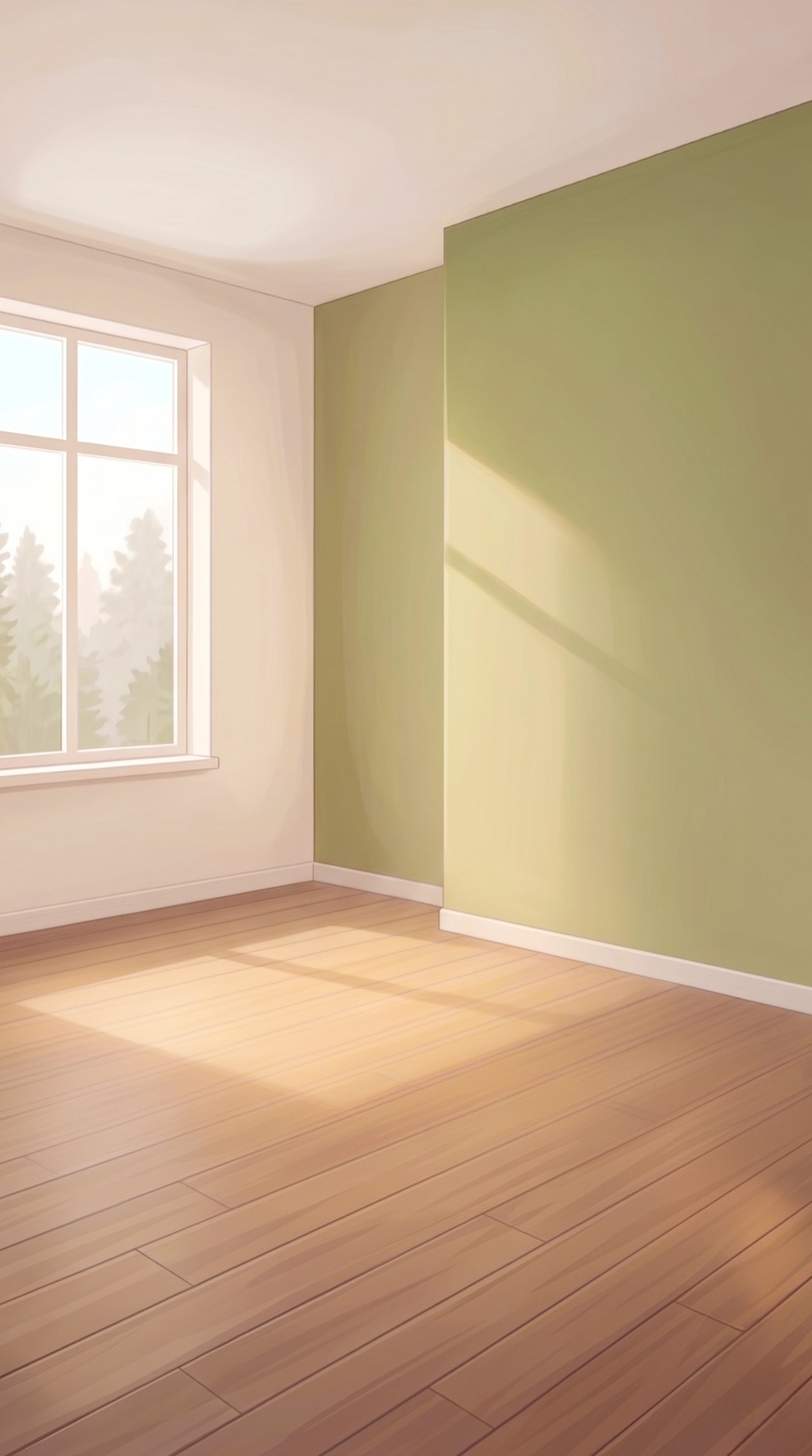 Empty bedroom renovation base art — bare room with sage wall and wooden floor, interior design game illustration for mobile