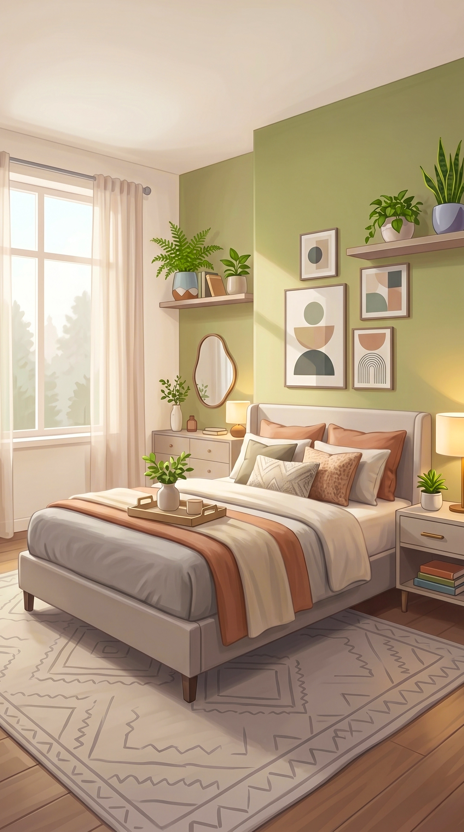 After renovation bedroom art — cozy modern bedroom with sage walls, abstract prints, and plants for Cozy Fix & Flip mobile game