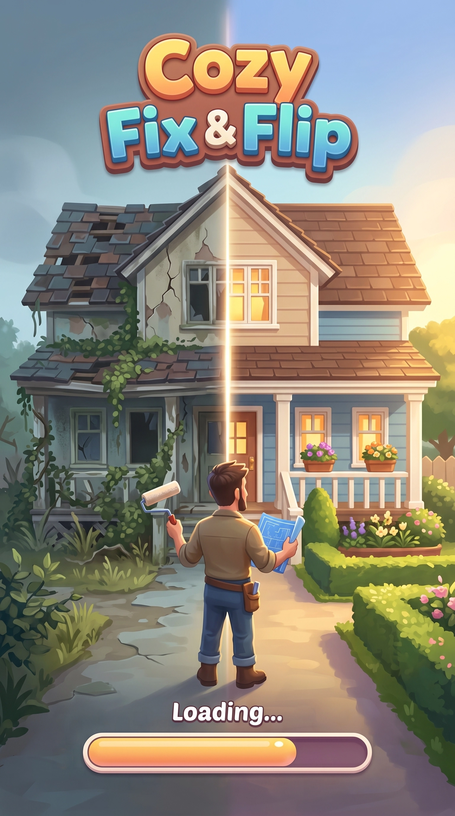 Cozy Fix & Flip loading screen art — split house before and after renovation with handyman, mobile game UI design illustration