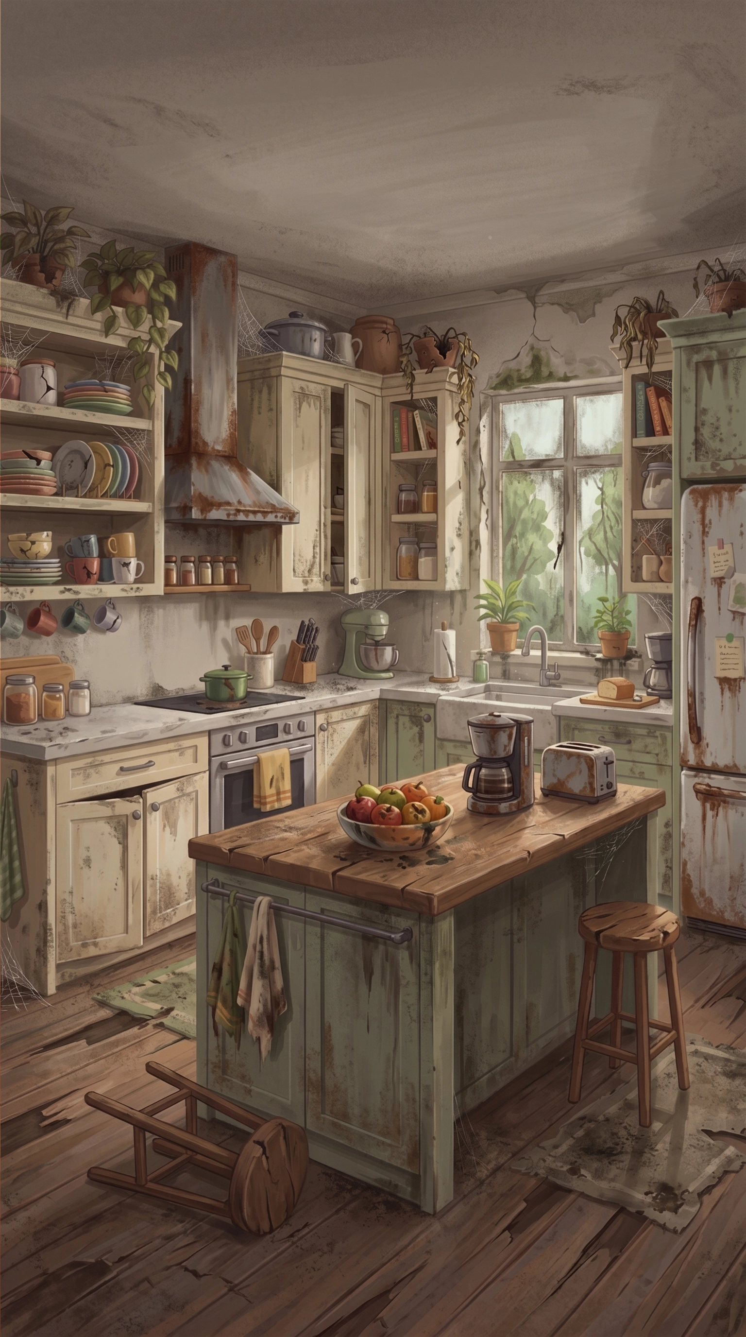 Before renovation kitchen game illustration — rusty appliances, cracked cabinets, and cobwebs, Cozy Fix & Flip mobile game art