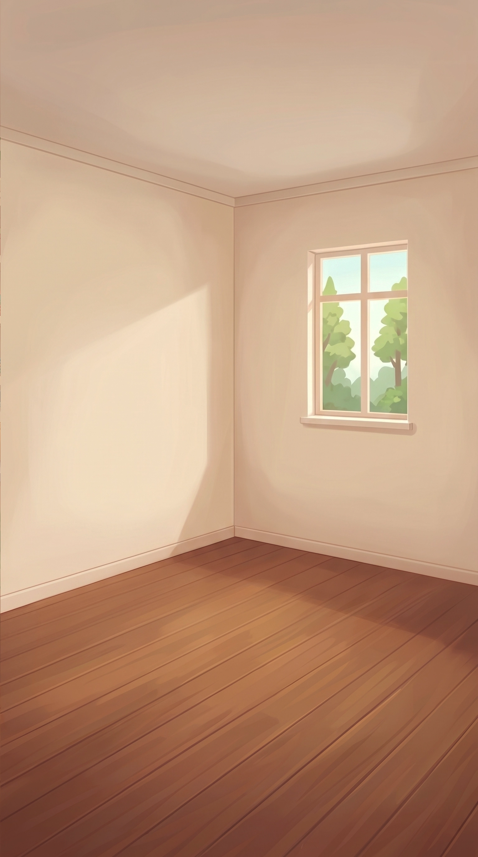 Empty kitchen room concept art — bare walls and wooden floors as renovation base, mobile game environment illustration