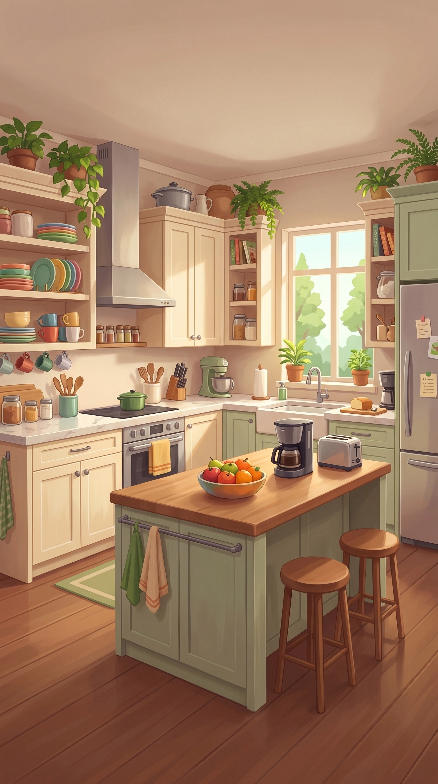 After renovation kitchen game art — cozy kitchen with cream cabinets, open shelving, and fresh produce, Cozy Fix & Flip mobile game