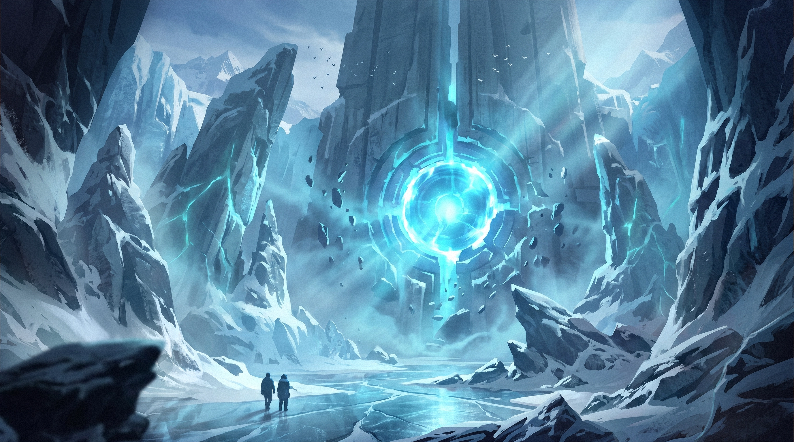 Arctic sci-fi portal concept art — two explorers before glowing ice gate with floating debris, game environment concept art service